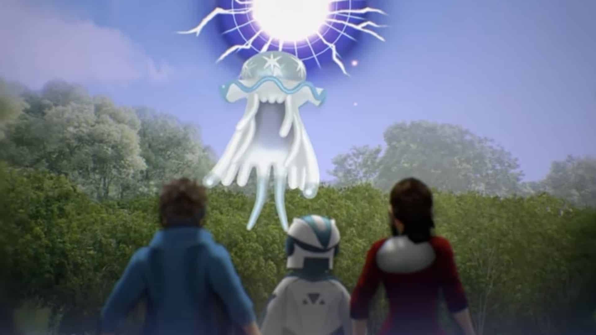 Three people looking at Ultra Beast