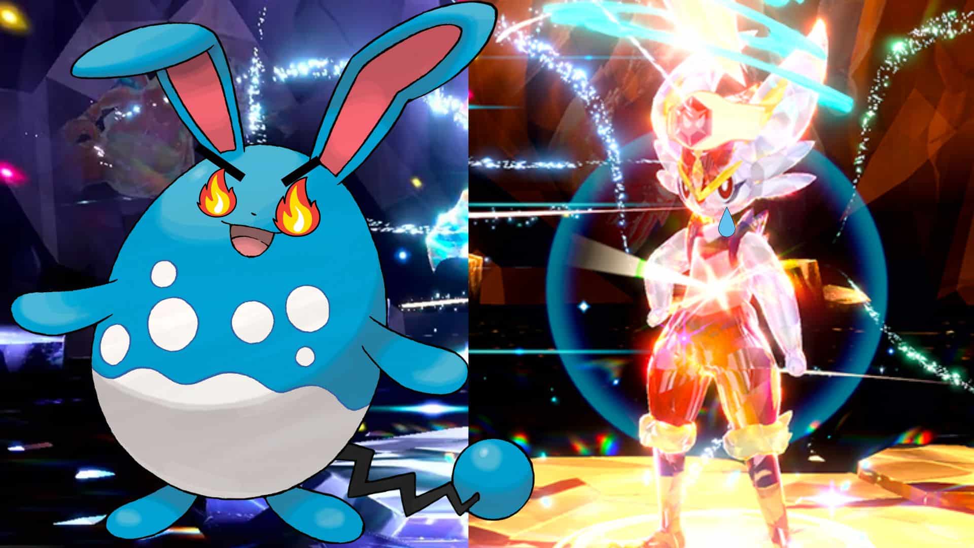 On the left, an Azumarill with fire for eyes. On the right, a crystalised Cinderace