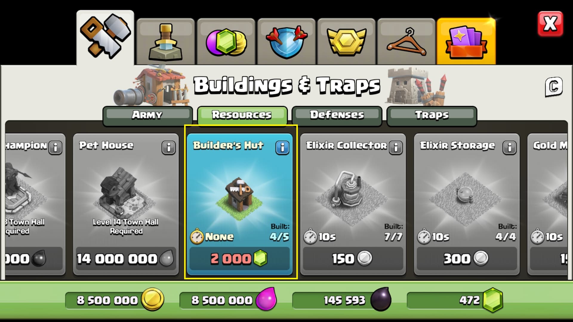 The buildings and traps menu in Clash of Clans