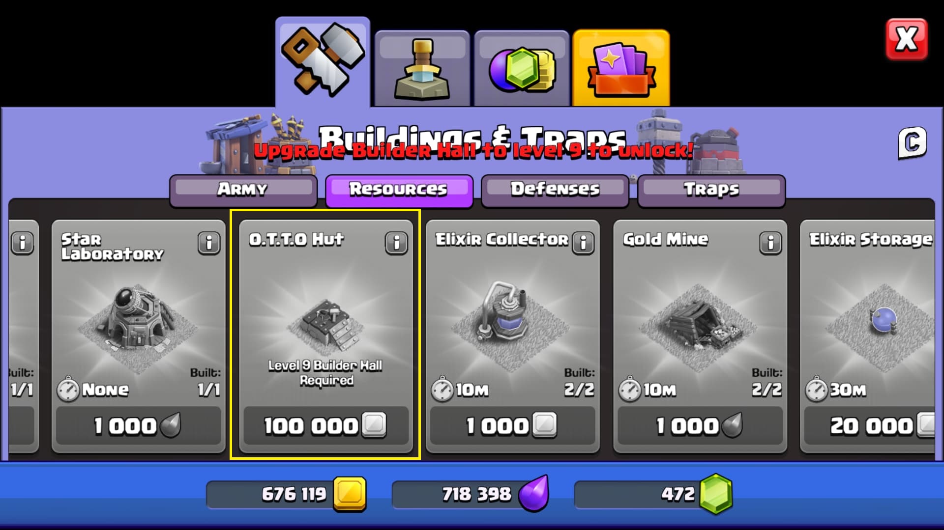 The buildings and traps menu in Clash of Clans