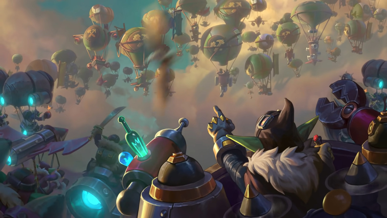 Hearthstone key art featuring characters and hot air balloons