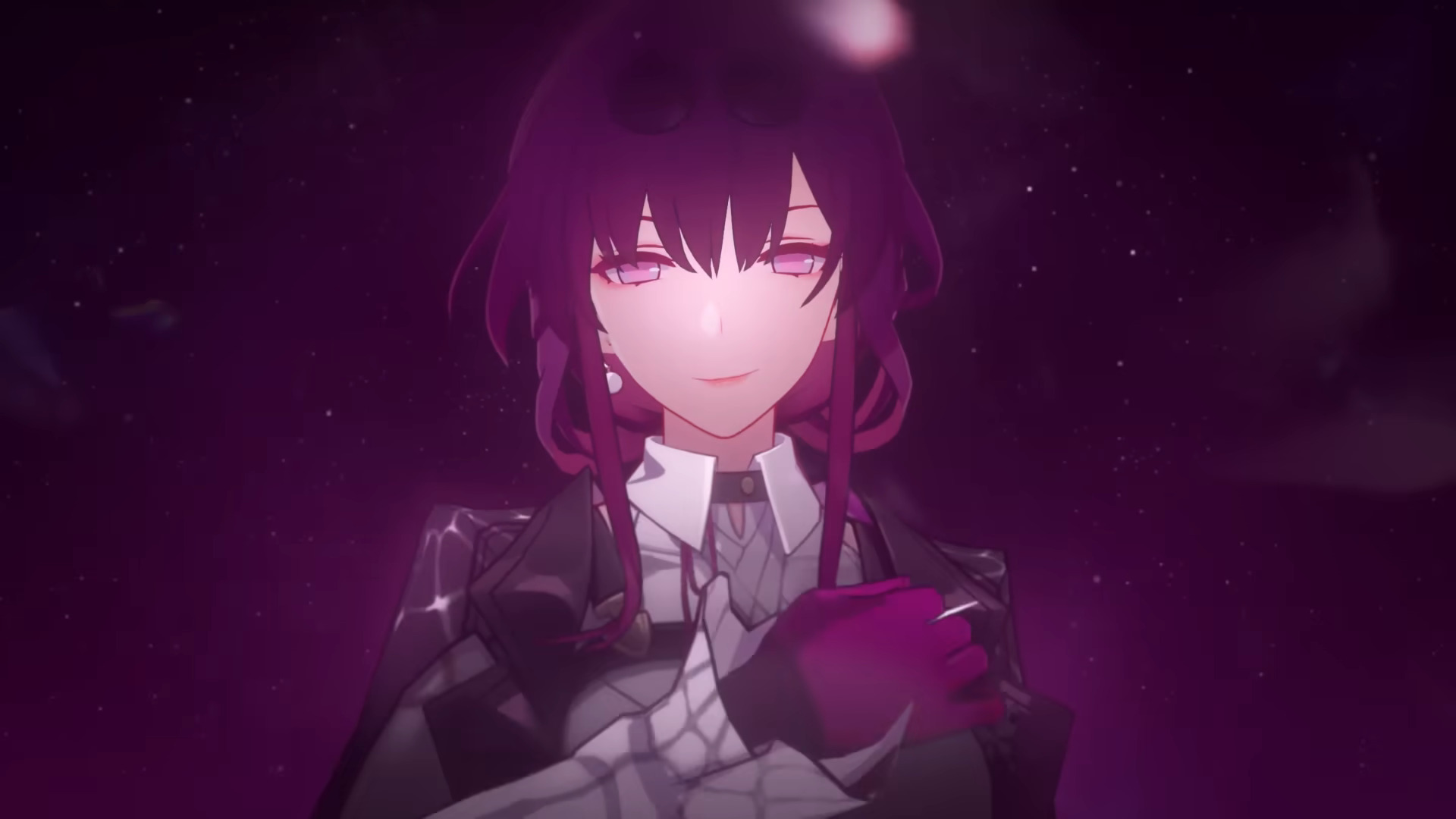 A girl in Honkai: Star Rail with purple hair looking face forward