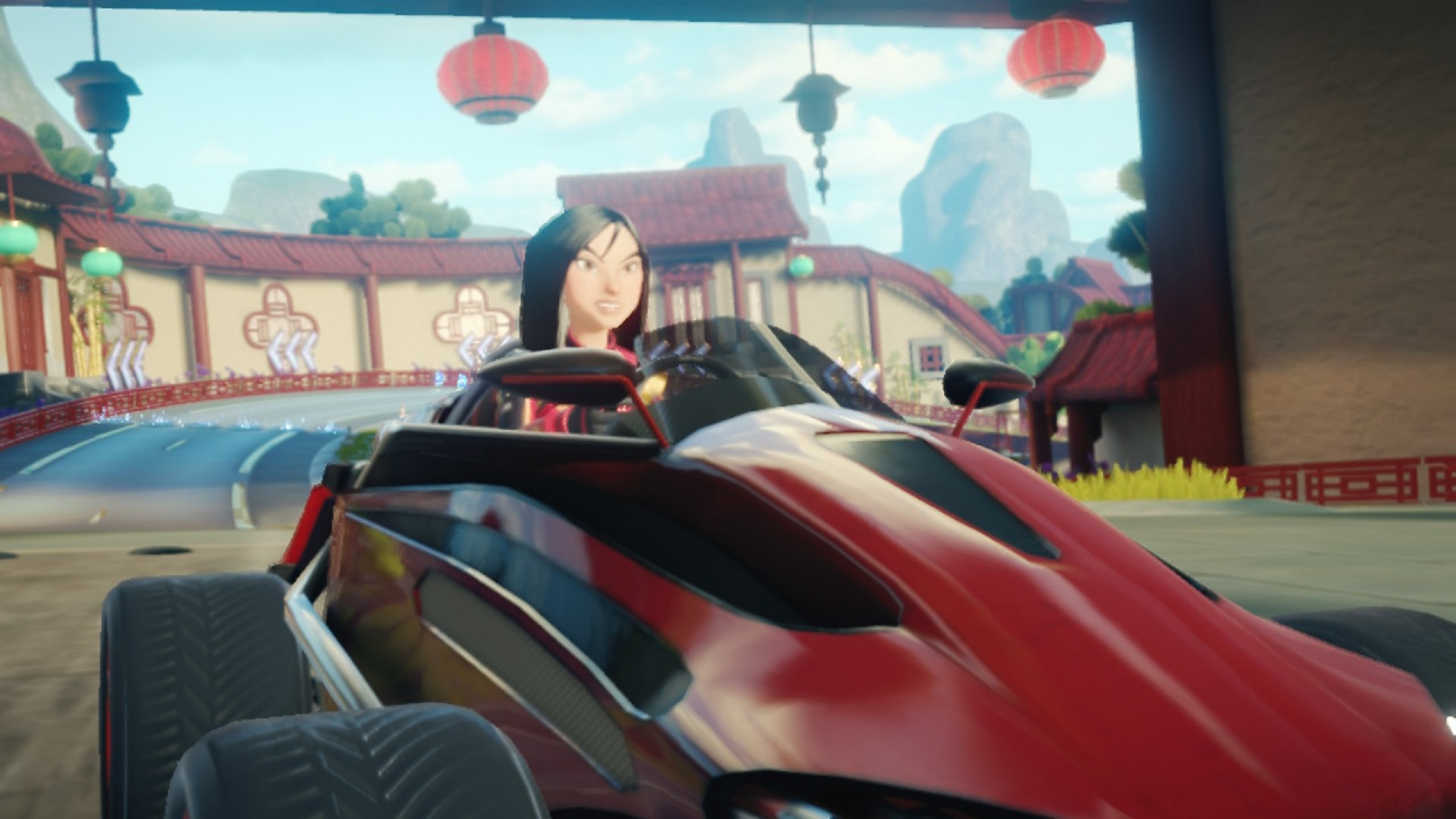 Mulan driving a car in Disney Speedstorm