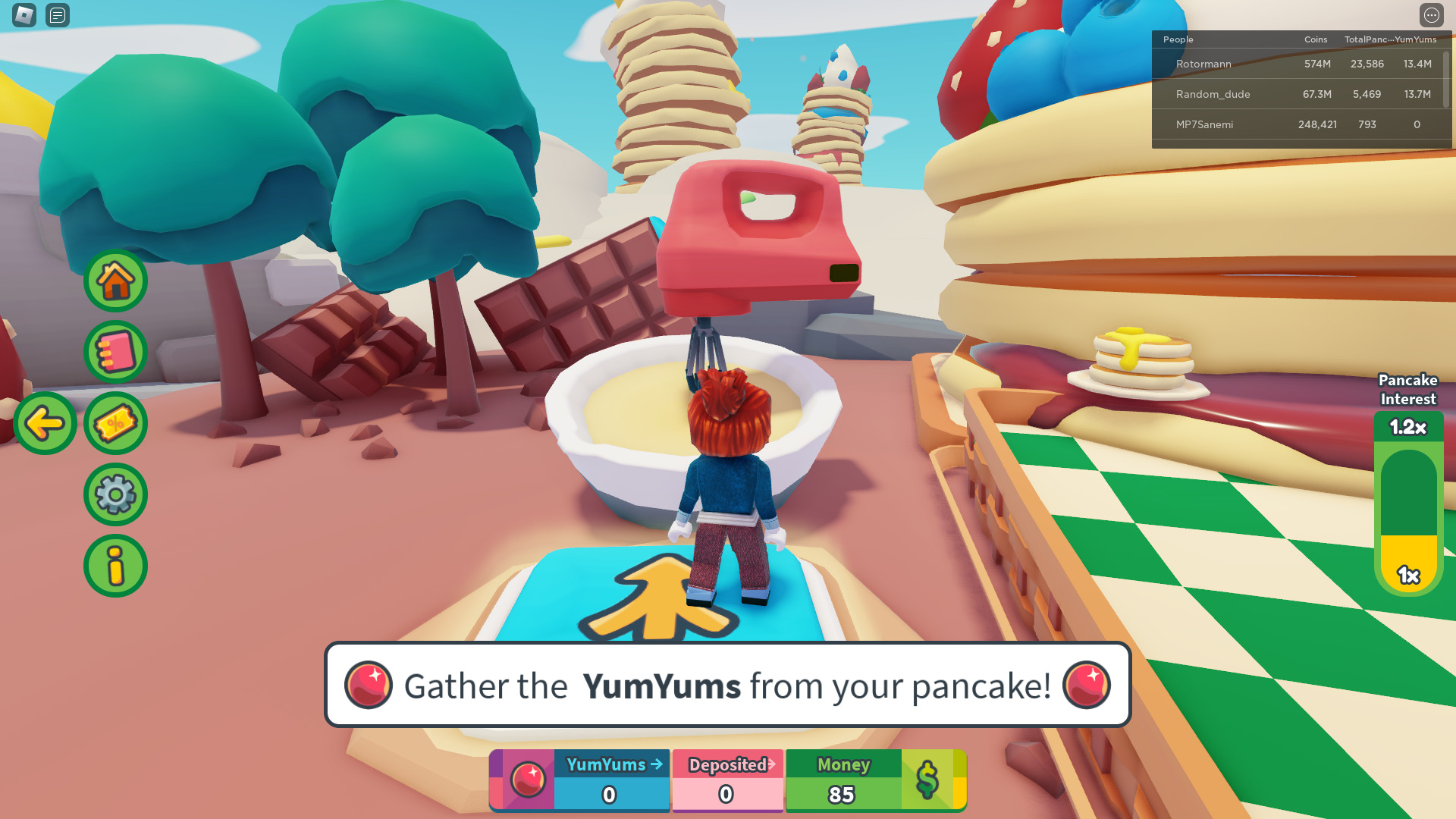 Character stood in front of a Pancake batter bowl - Pancake Tower Empire Tycoon