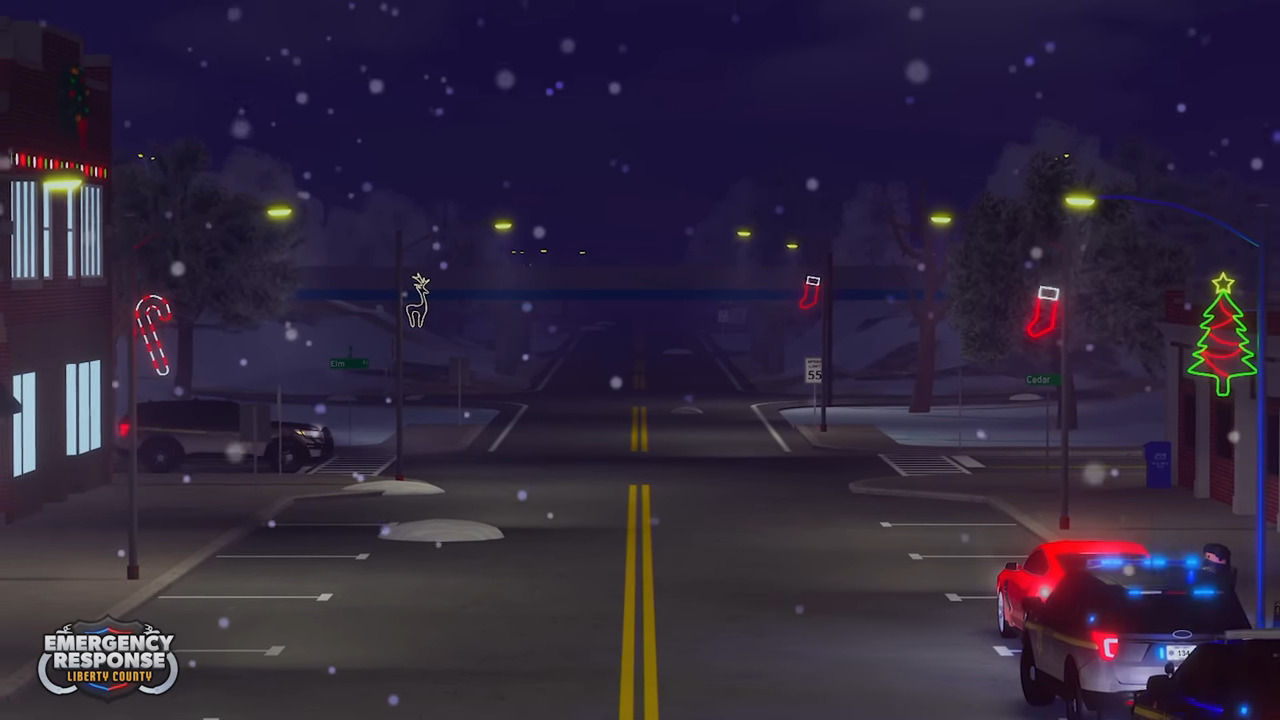 Snowy city with police lights in the corner