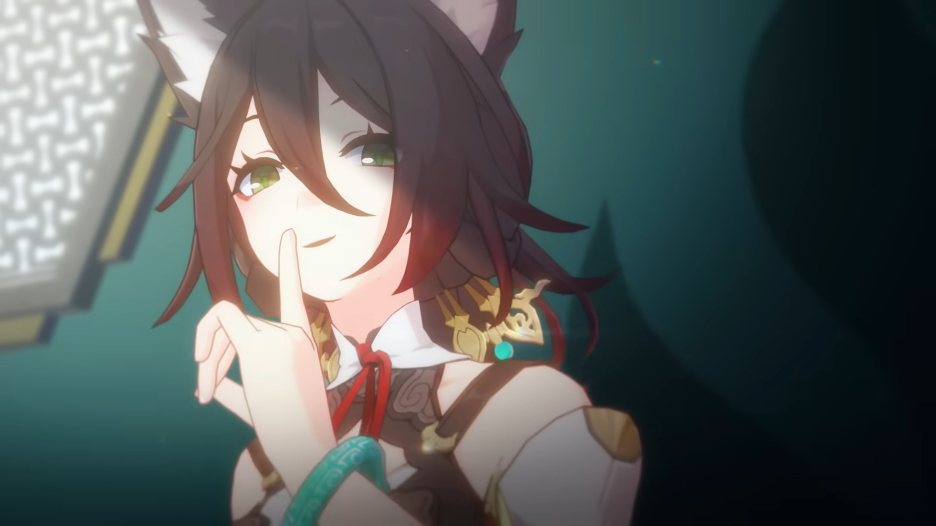 A character with fox ears with a finger to their lips in Honkai Star Rail