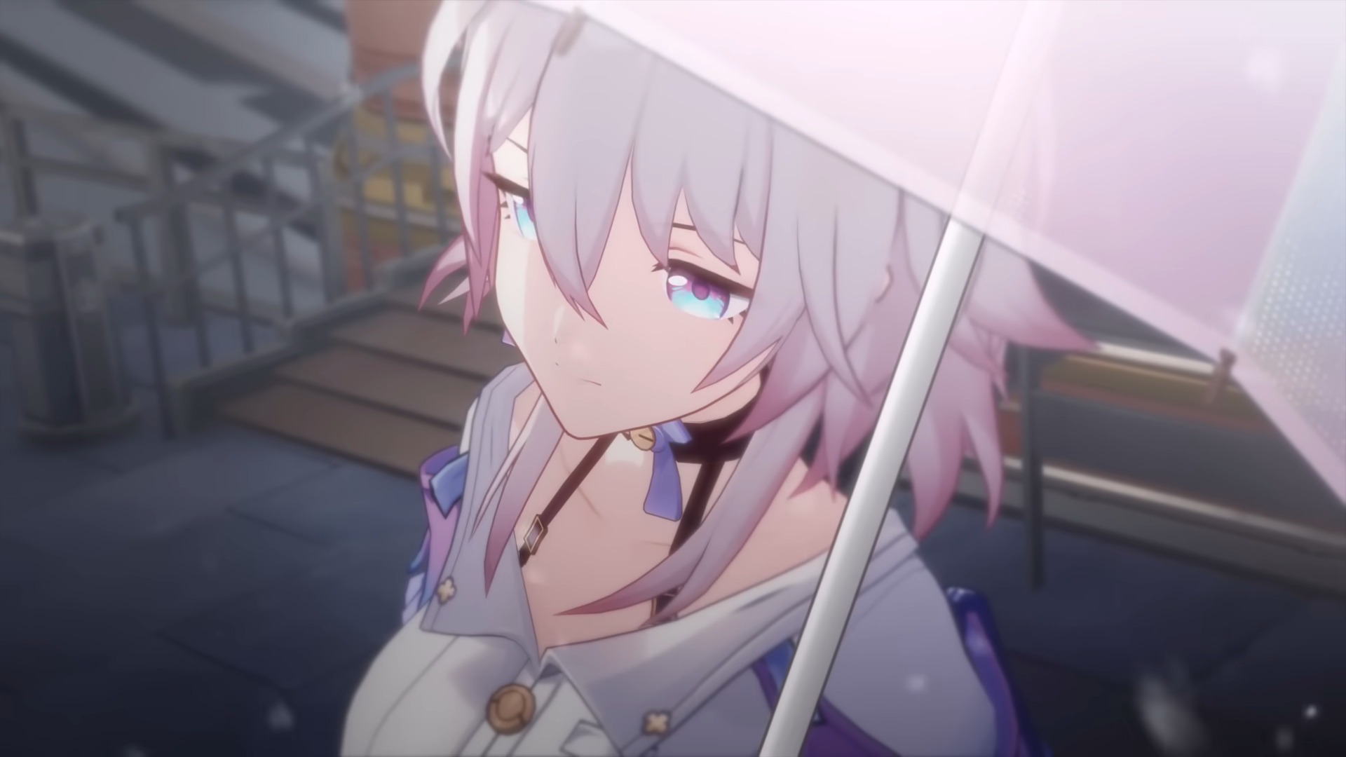 A girl in Honkai: Star Rail with short hair stood under a pink parasol