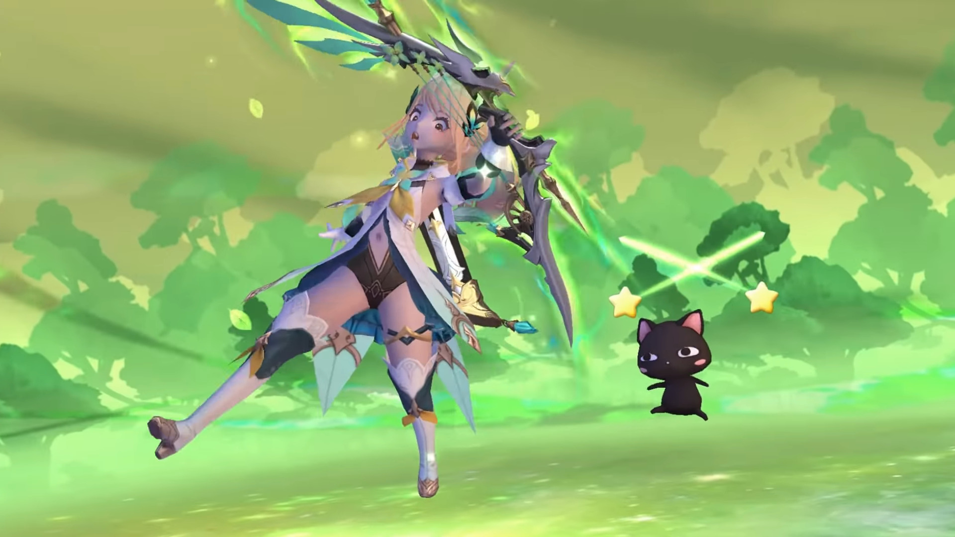 A chibi character walking next to her cat on a green background