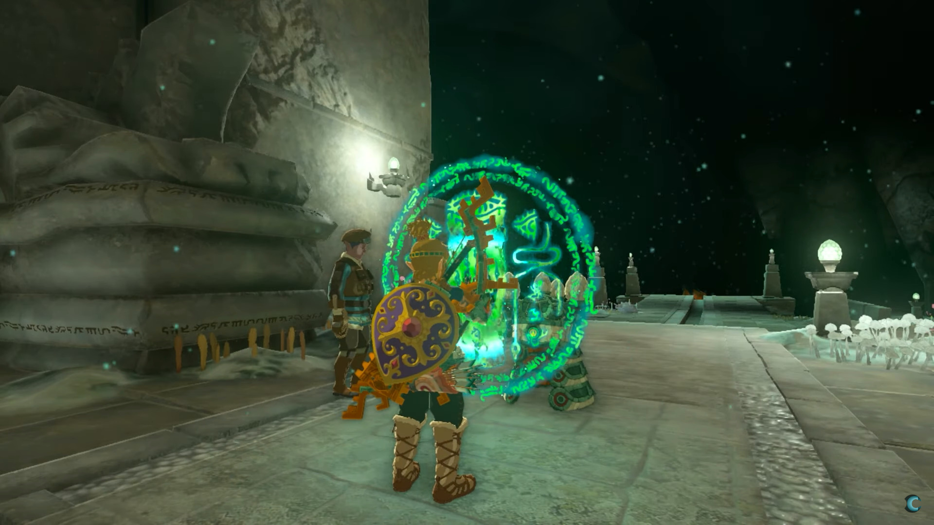 Link touching a shrine in the chasms in Tears of the Kingdom