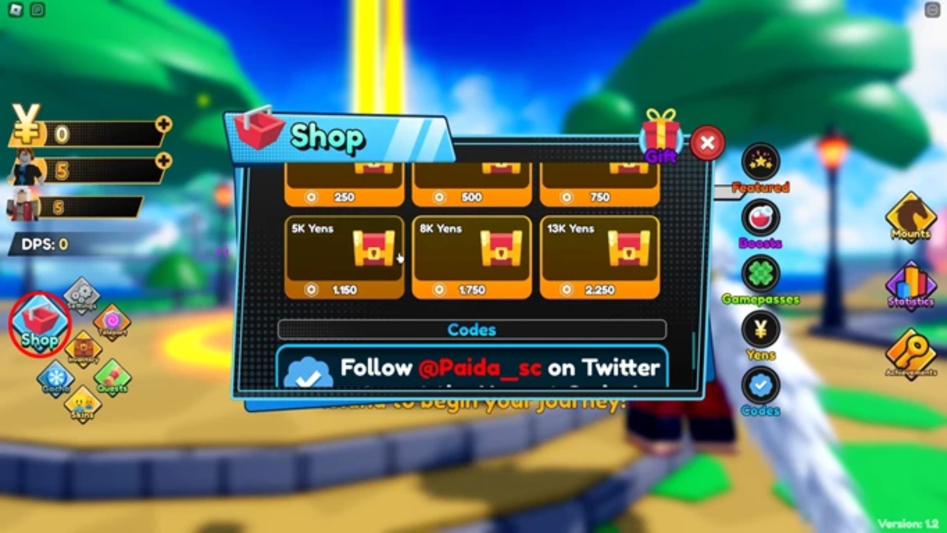 The shop menu in Anime Street Simulator