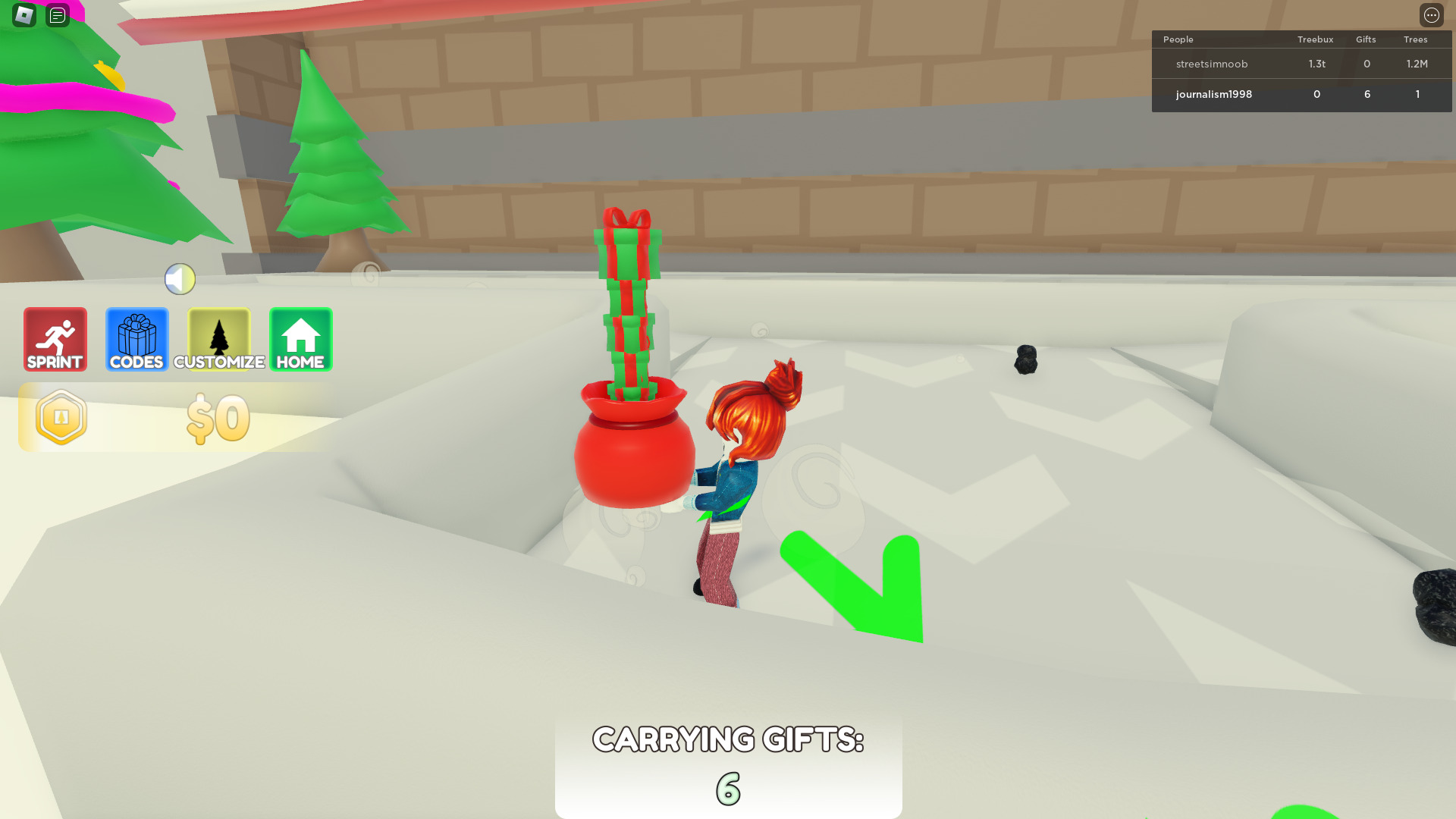 Red haired character holding a bag full of Christmas presents in Christmas Tower Tycoon