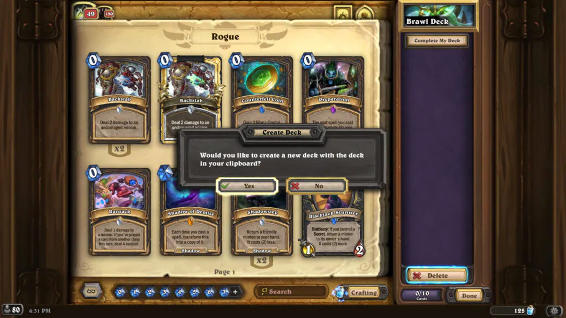 Creating a deck in Hearthstone Yellow-Brick Brawl