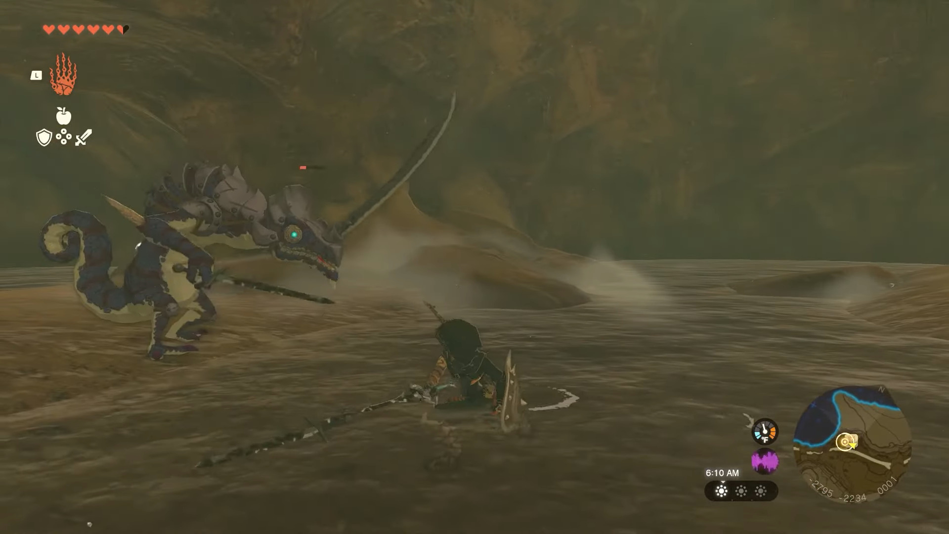 Link fighting a Lizalfo before getting out of a well in Tears of the Kingdom.