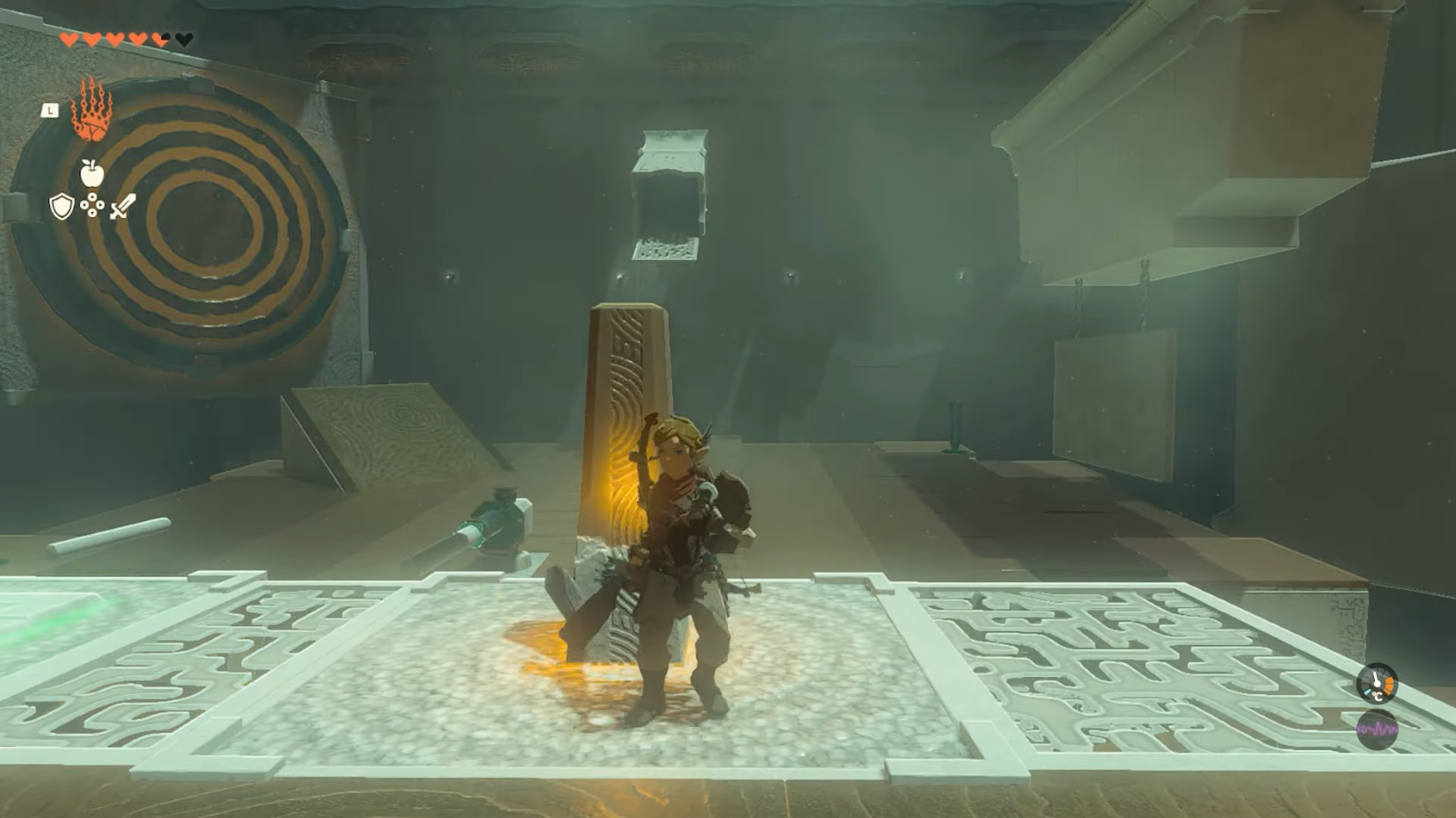 Link hitting the Mayachin Shrine switch in Tears of the Kingdom