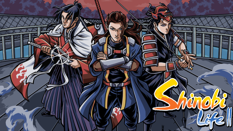 Shinobi Life 2 promo art featuring three characters holding swords.