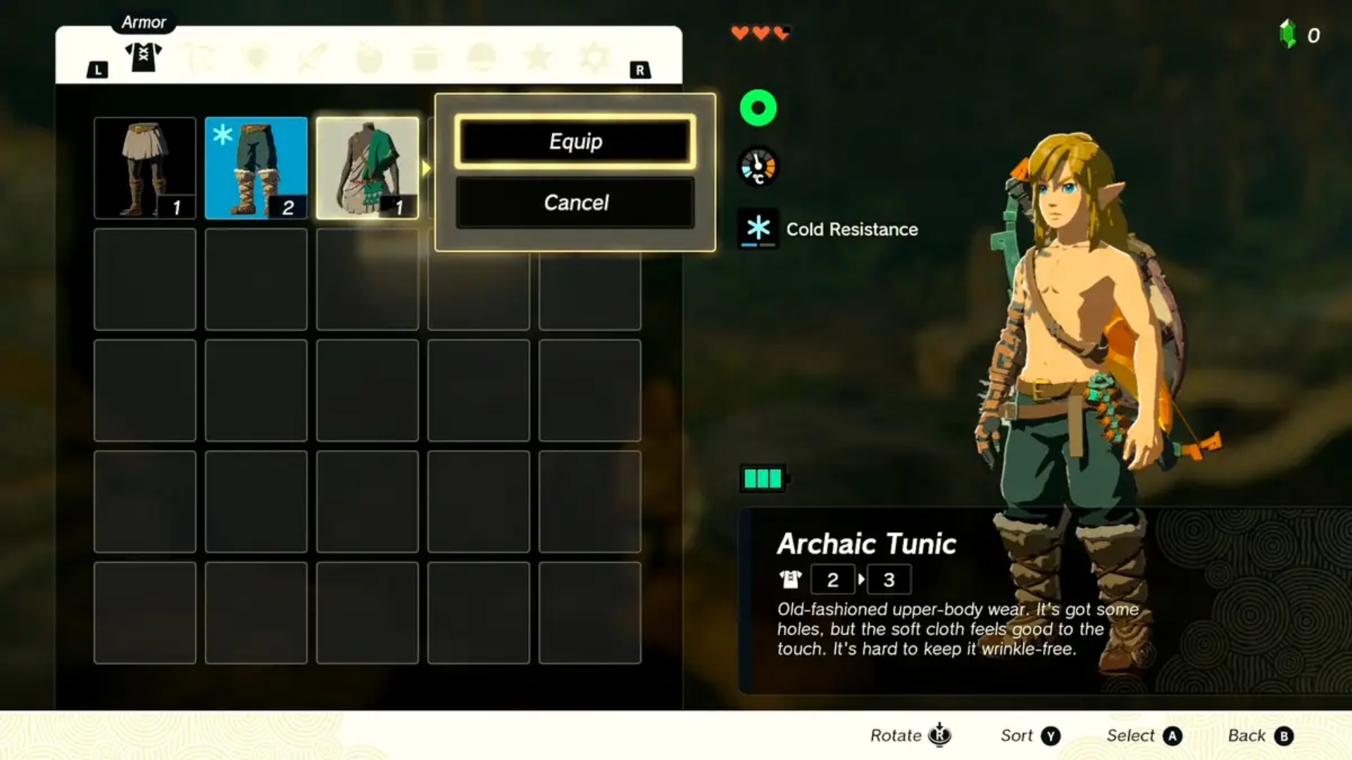 Link equipping the Archaic Tunic in Tears of the Kingdom.