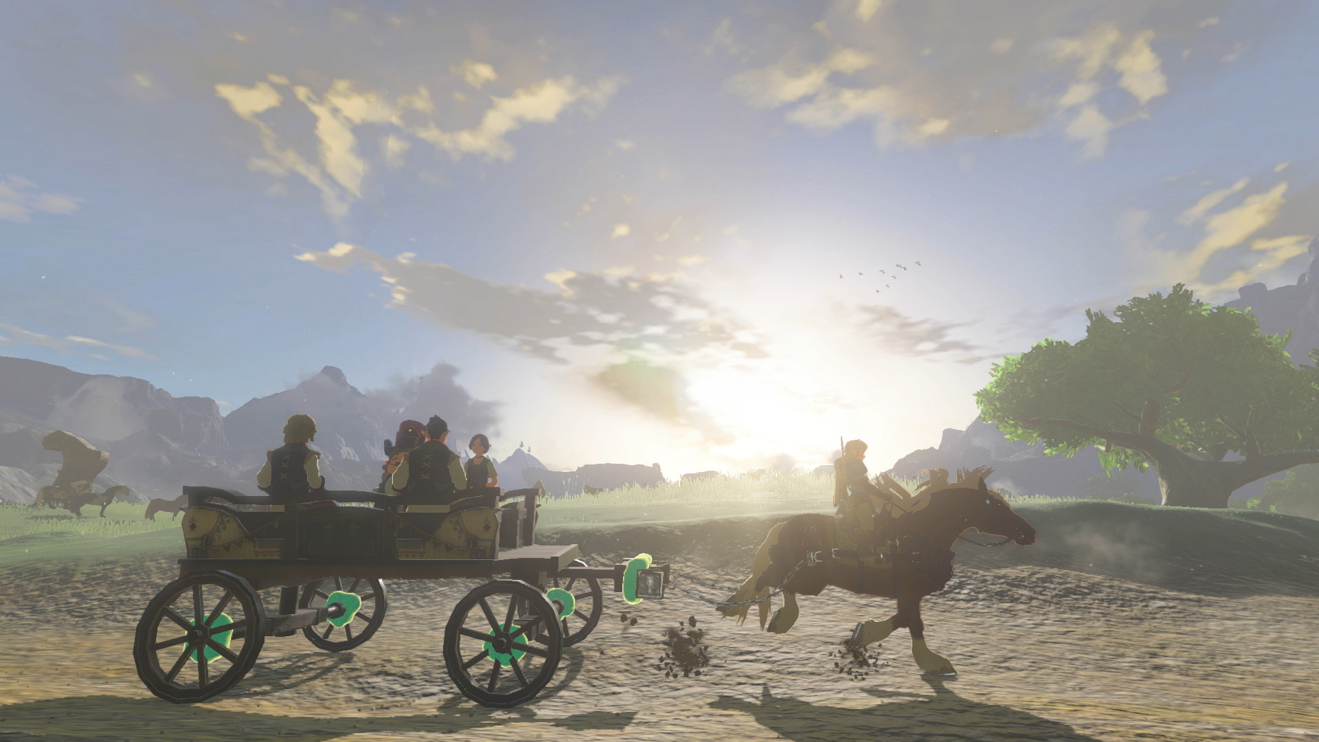 Link riding a horse with a cart in Tears of the Kingdom.