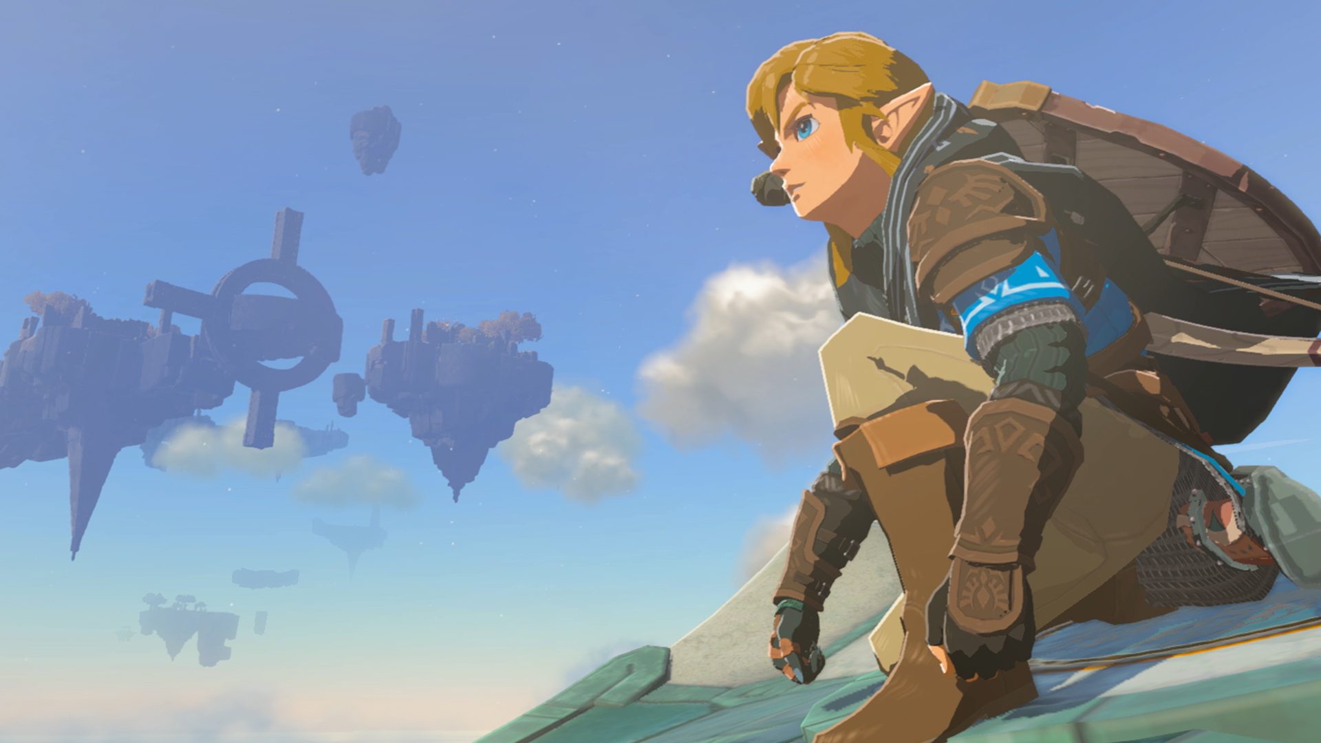 Link flying on a Zonai glider in in The Legend of Zelda: Tears of the Kingdom.