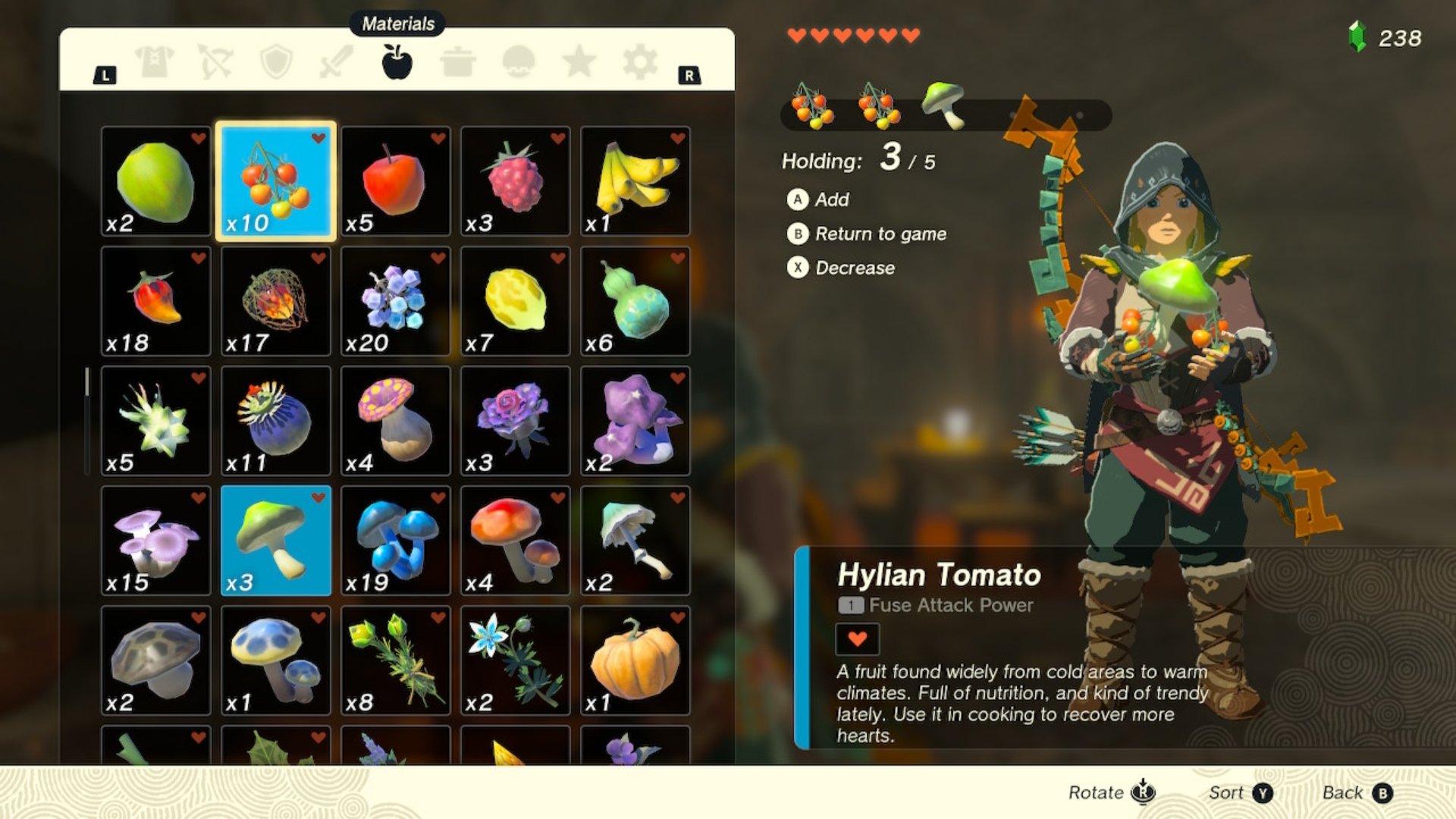 Link holding ingredients in The Legend of Zelda: Tears of the Kingdom.