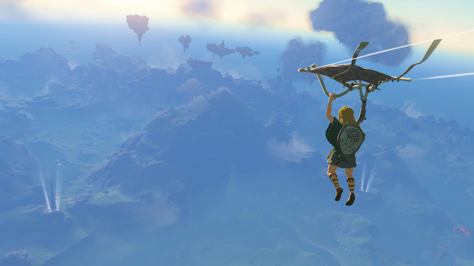 Link using the Paraglider over land in Tears of the Kingdom