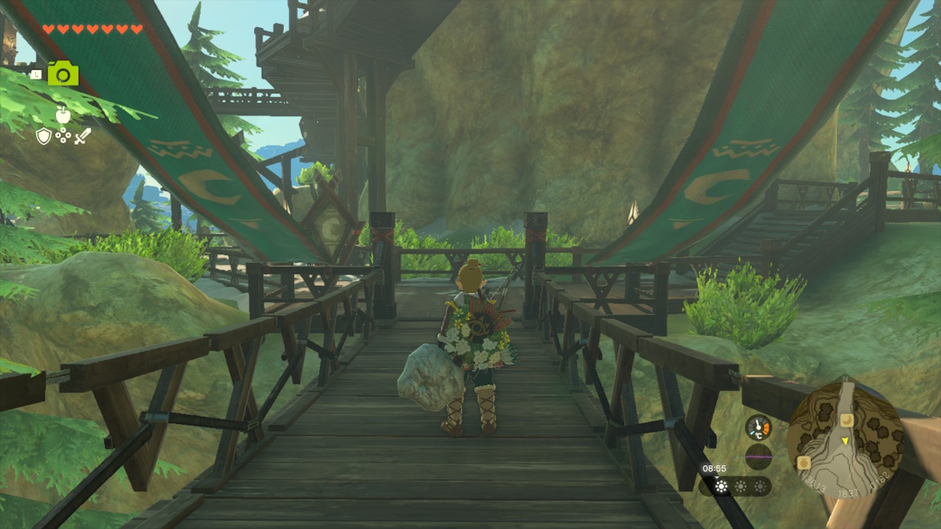 Link with a fused weapon in Rito Village in The Legend of Zelda: Tears of the Kingdom. 