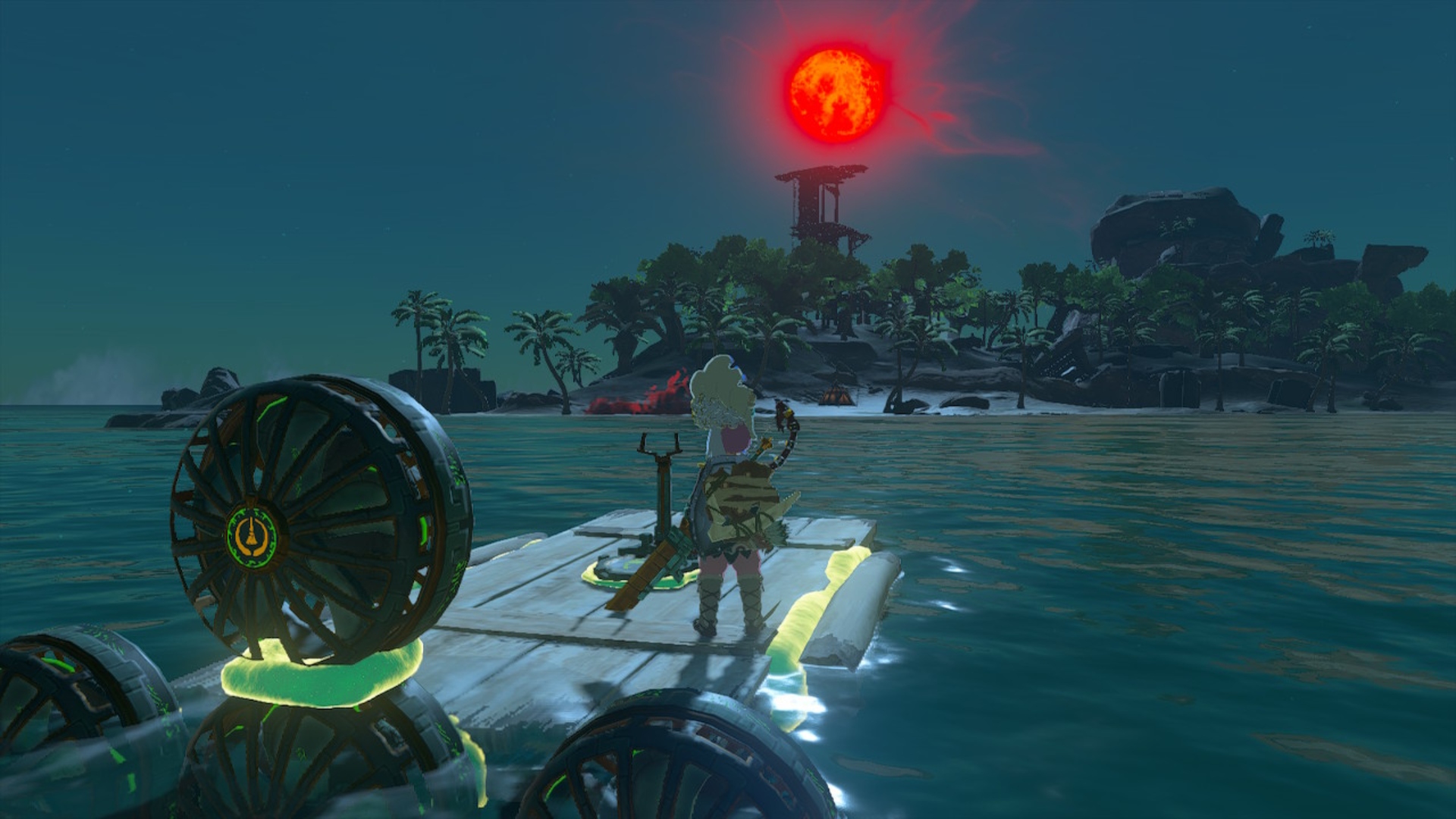 Link on a boat with a Steering Stick attached in Tears of the Kingdom