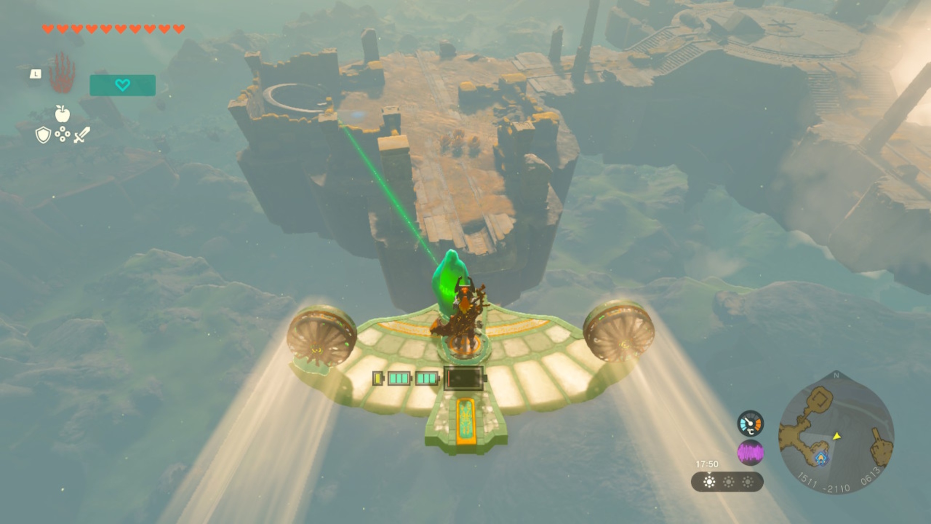 Link steering a flying vehicle in The Legend of Zelda: Tears of the Kingdom