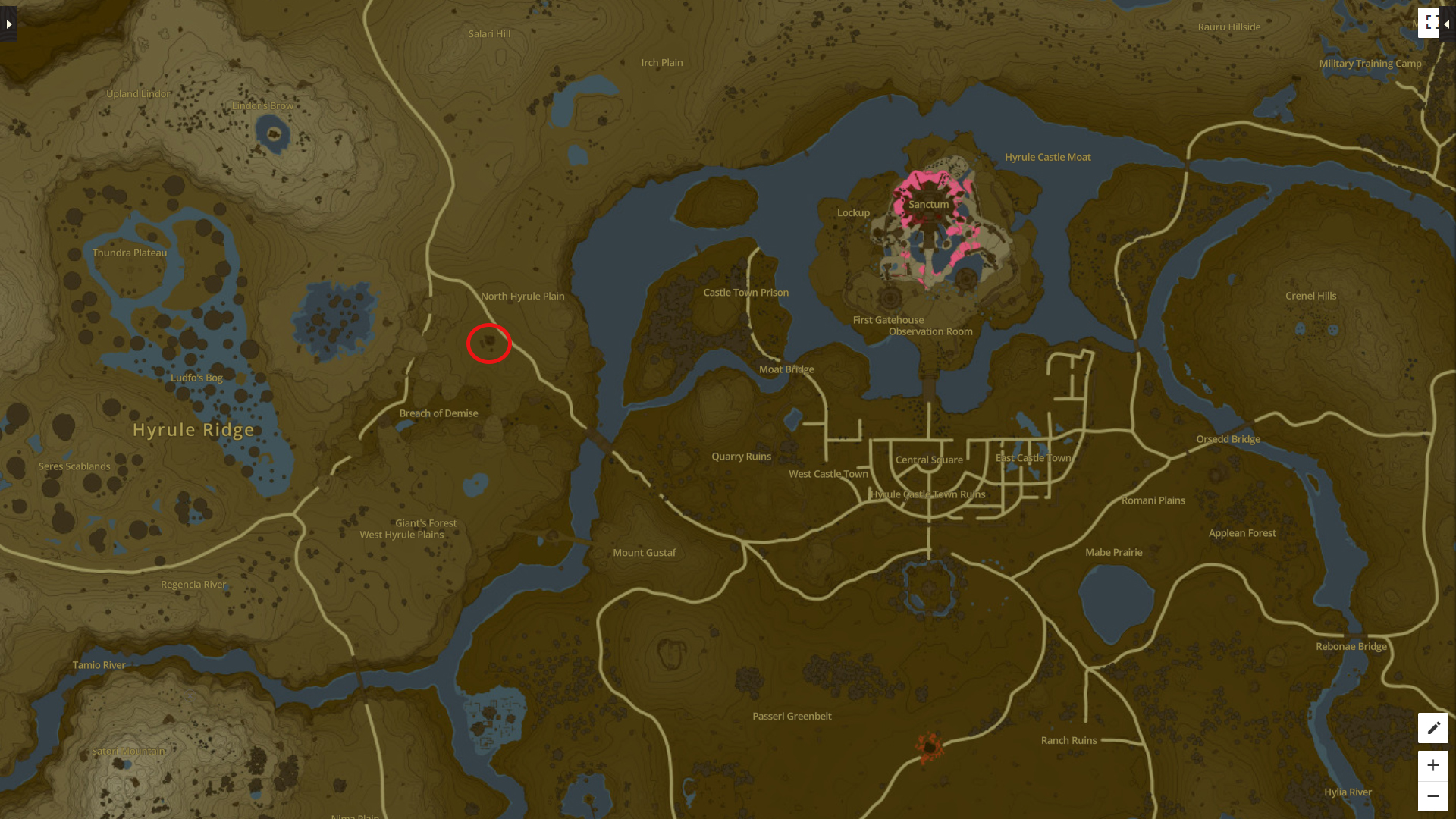 An image of the map showing the location of the New Serenne Stable to get the Tears of the Kingdom Towing Harness.