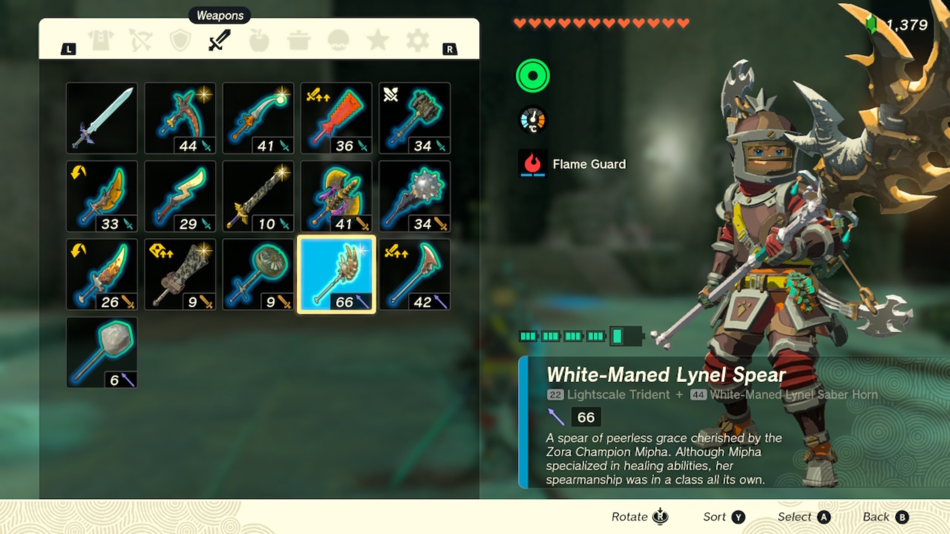 The weapon inventory in Tears of the Kingdom.