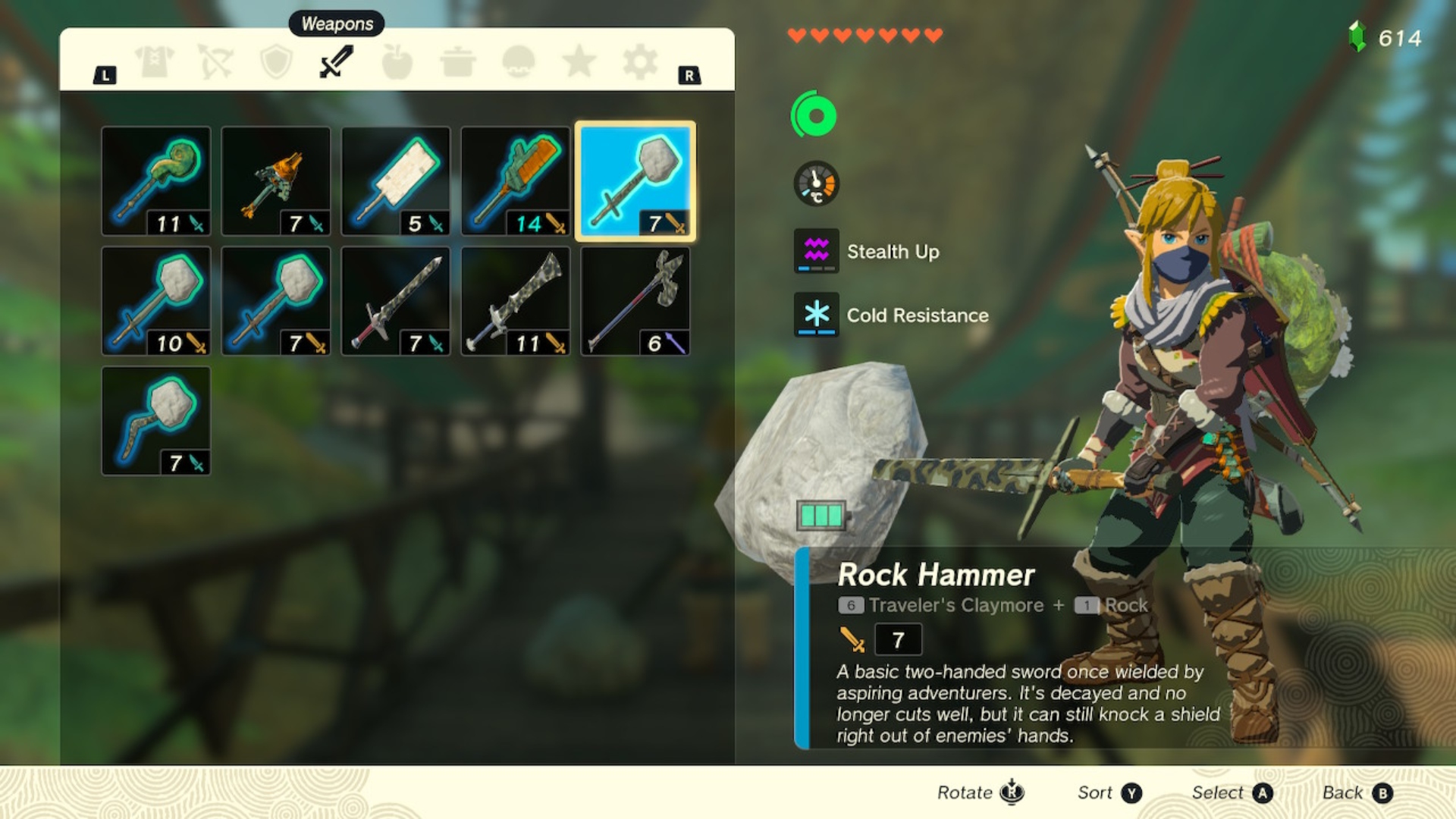 The weapon inventory screen in The Legend of Zelda: Tears of the Kingdom.