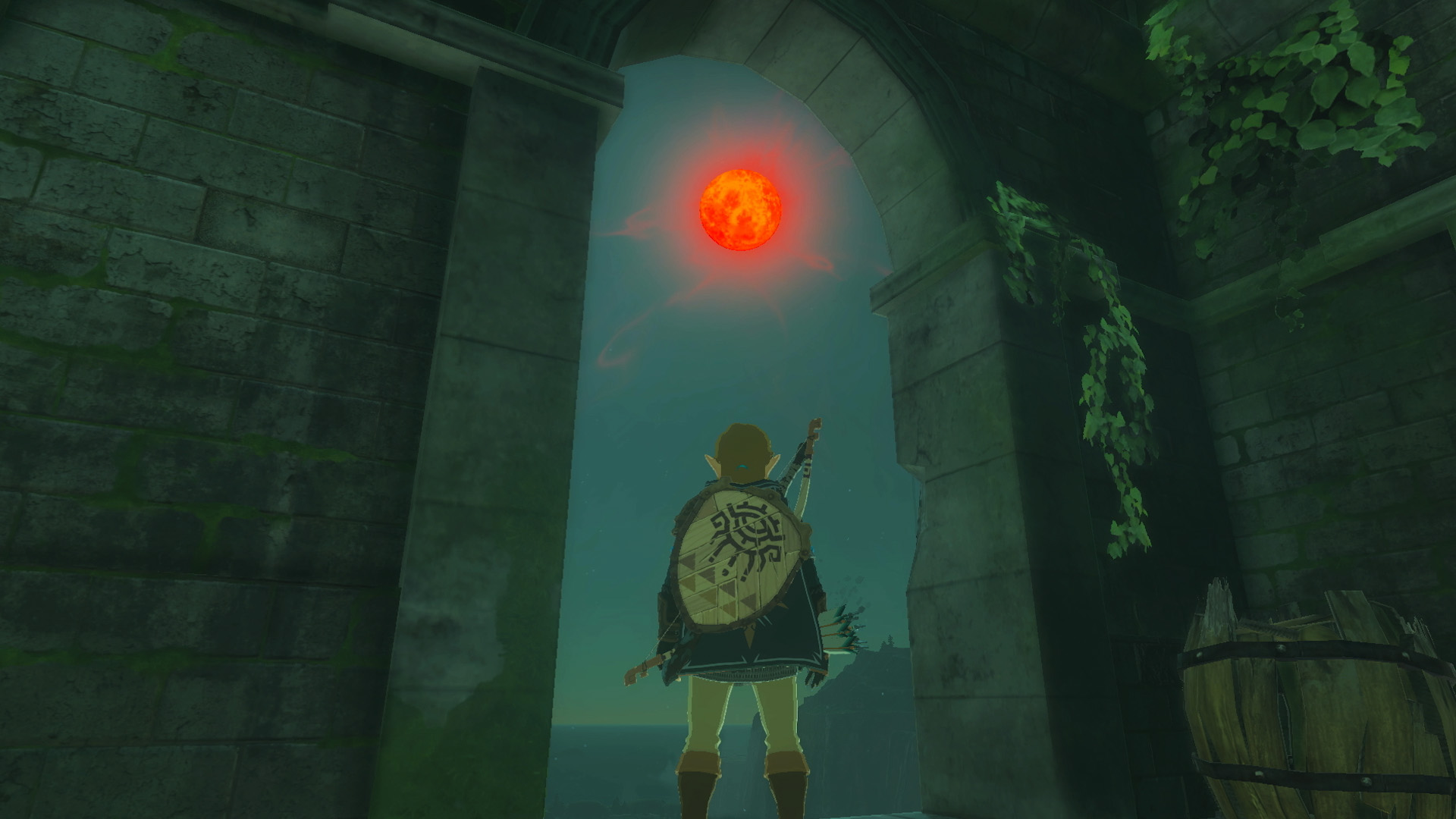 Link looking at the blood moon in Tears of the Kingdom.