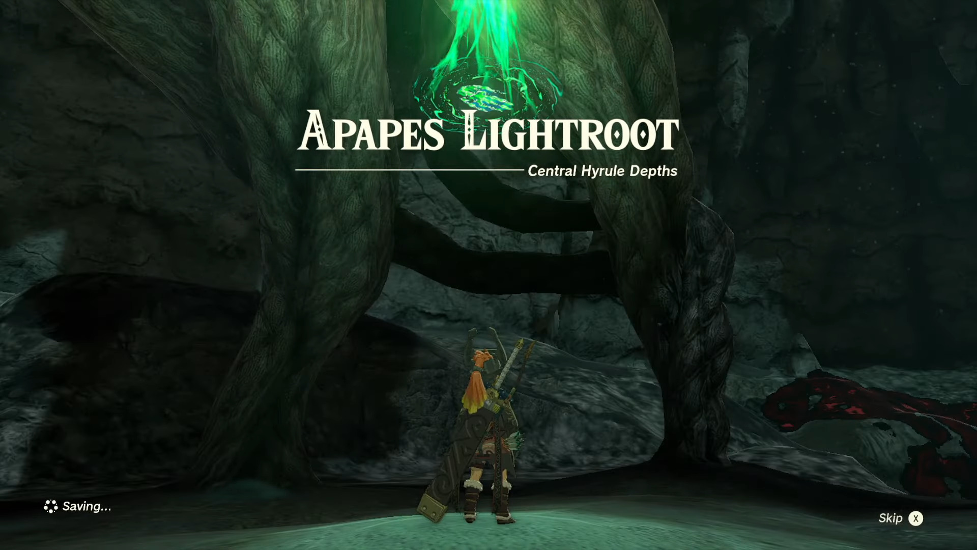 Link stood under Apapes Lightroot in Tears of the Kingdom