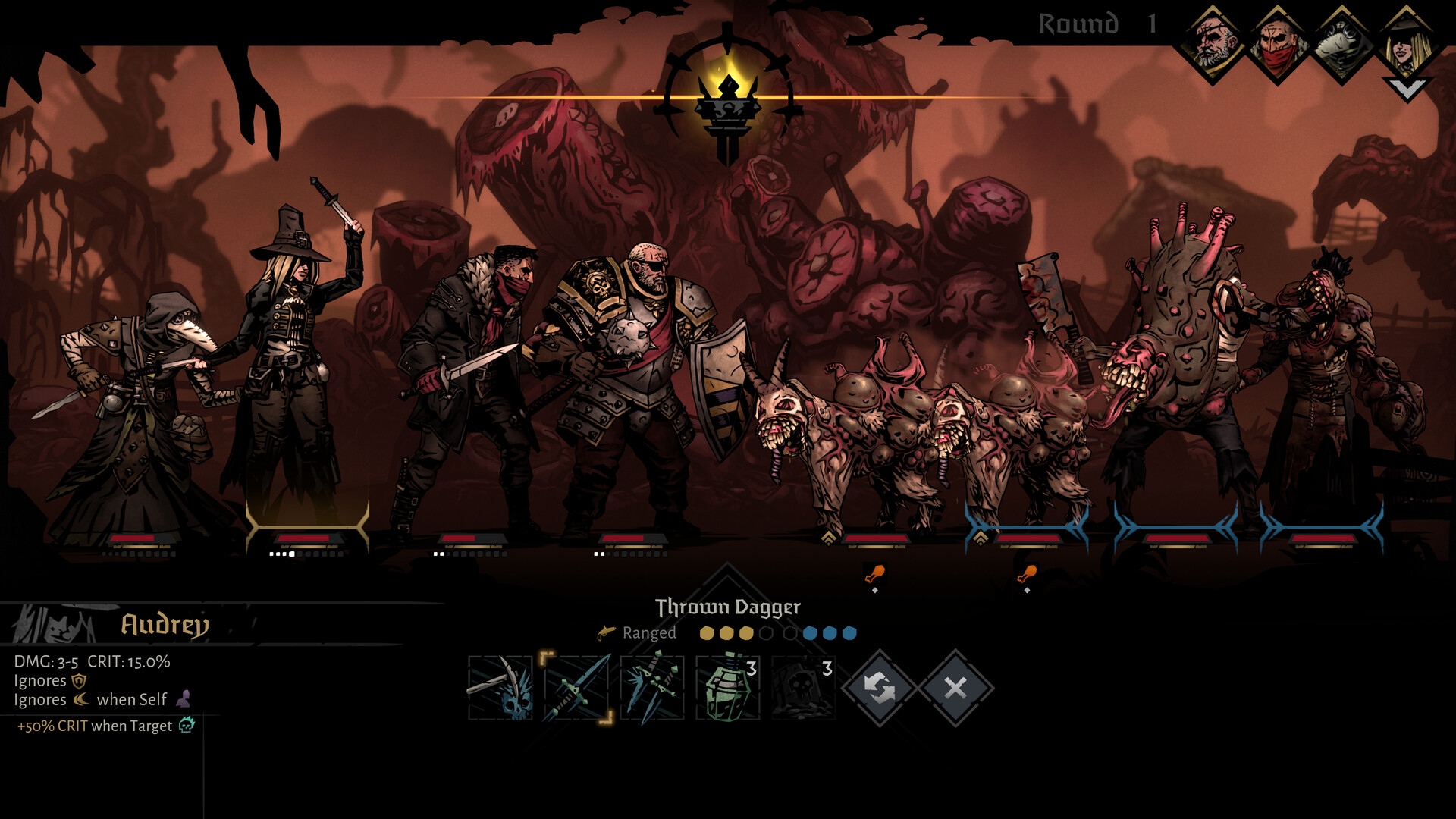 A battle between a player's party and 4 enemies in Darkest Dungeon 2.