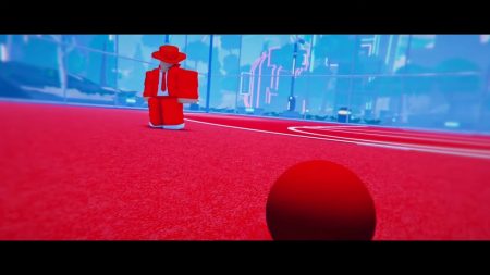 A roblox character and a dodgeball.