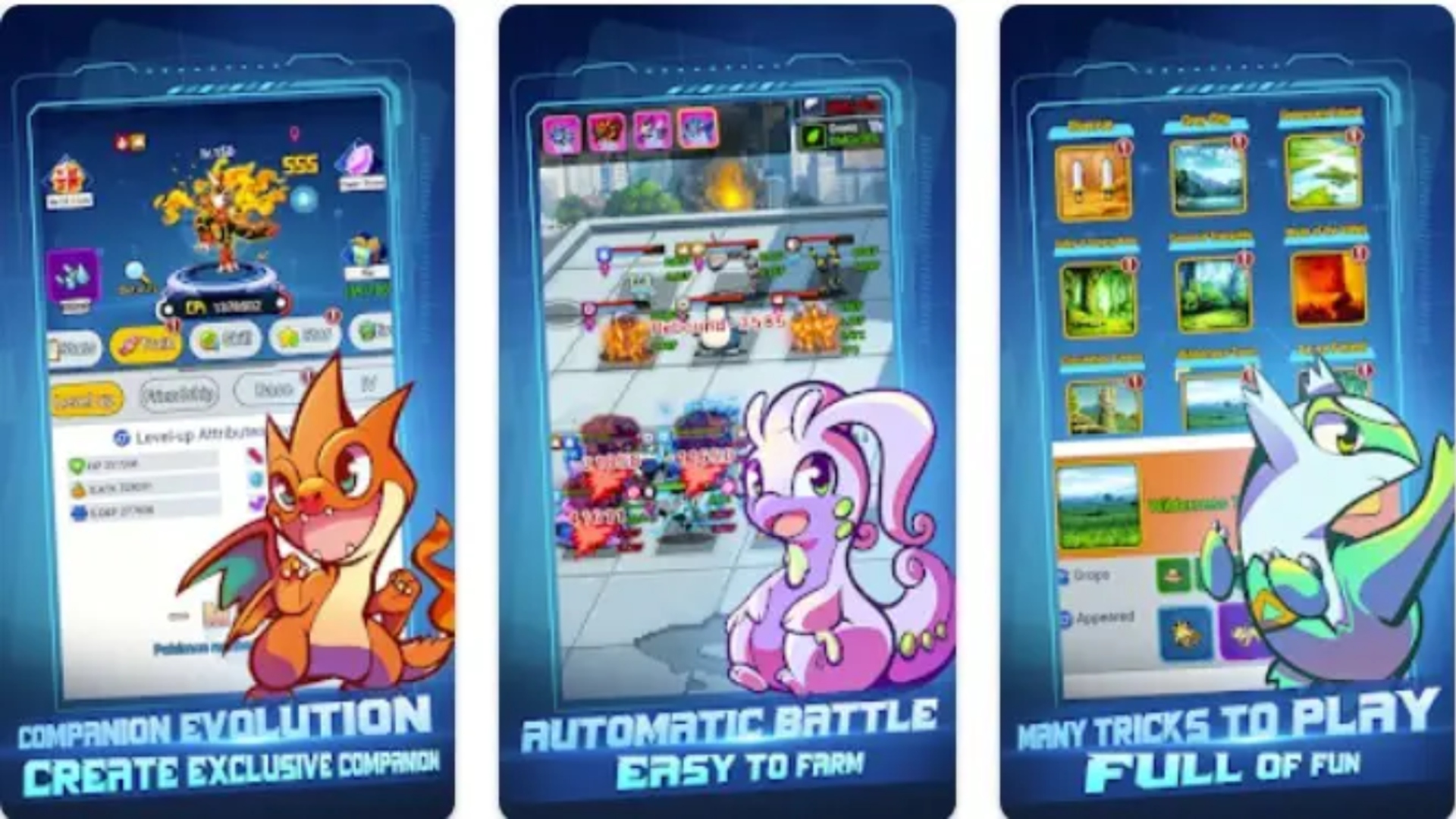 Gameplay from Idle Micromon featuring different pets.