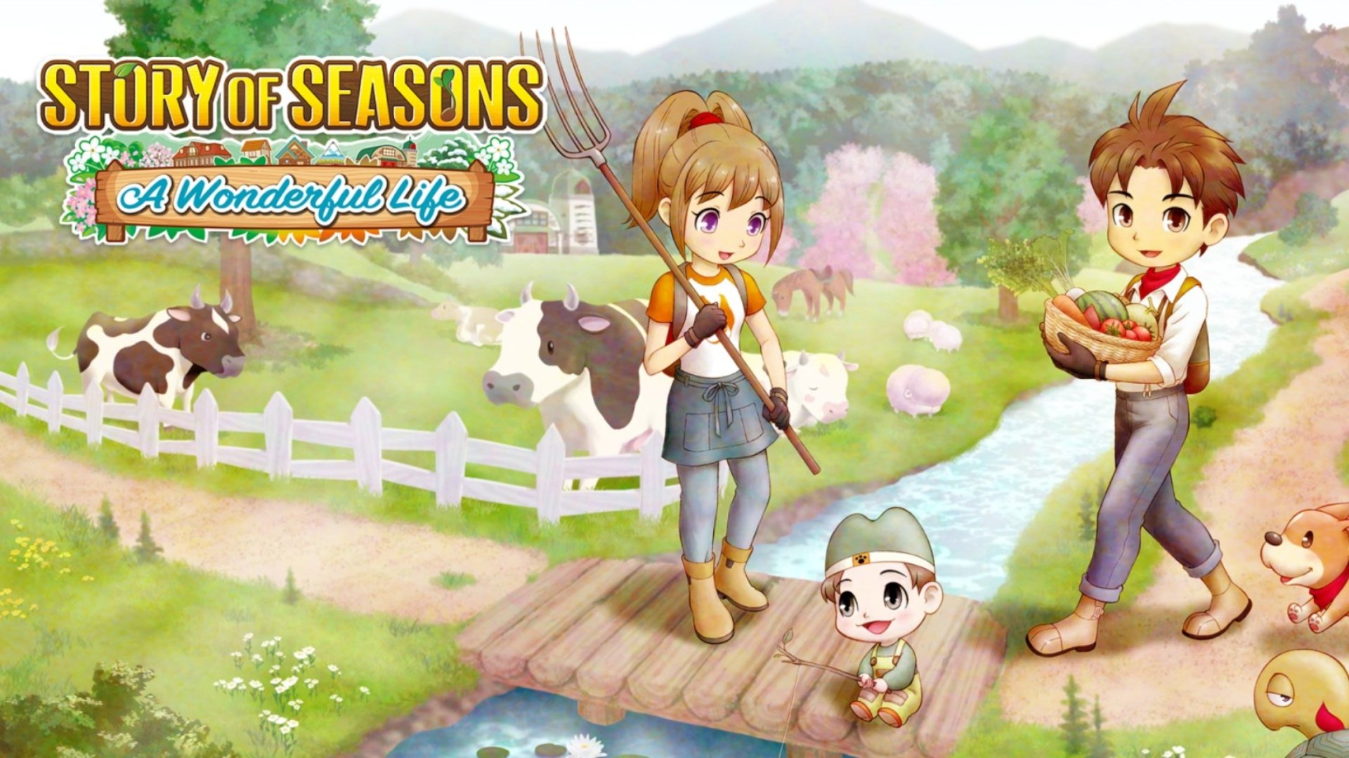 A farm with two characters and animals in Story of Seasons