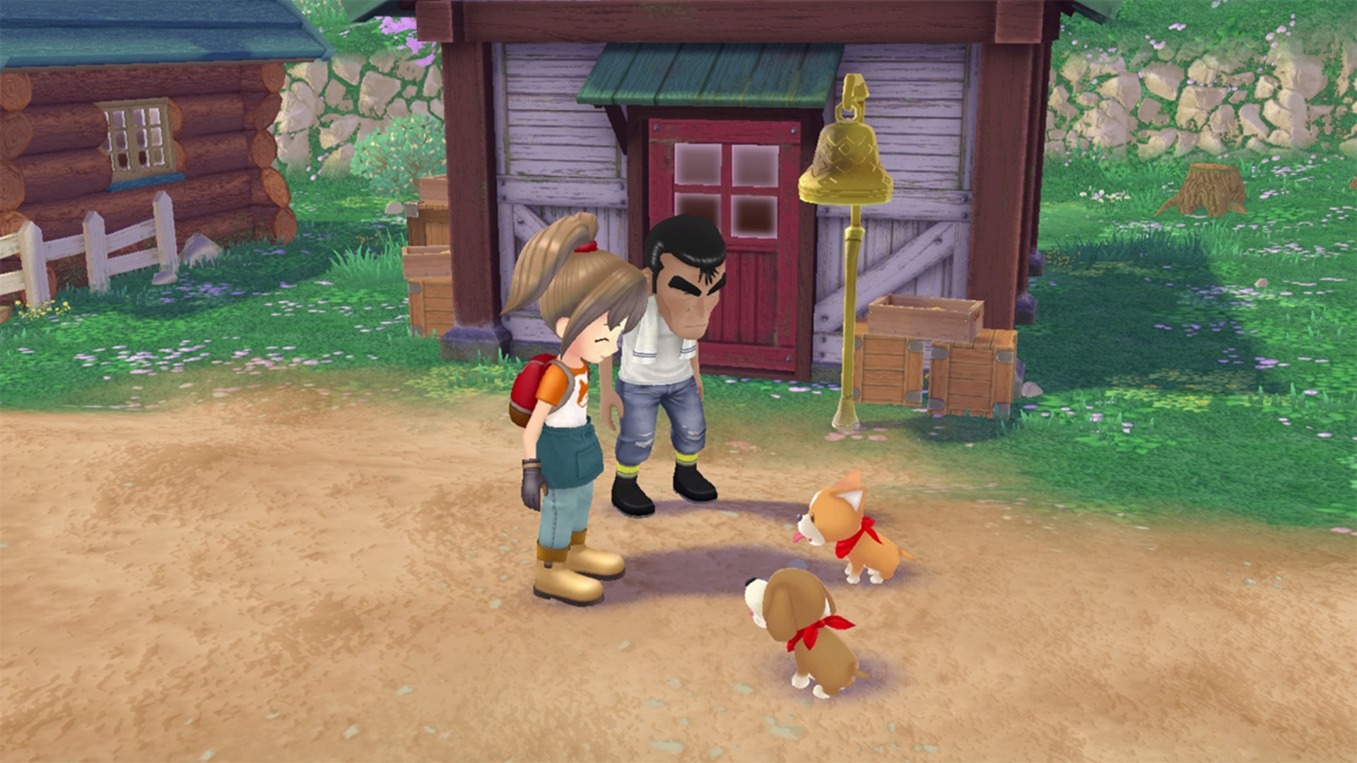 Two characters and some small dogs in Story of Seasons: A Wonderful Life