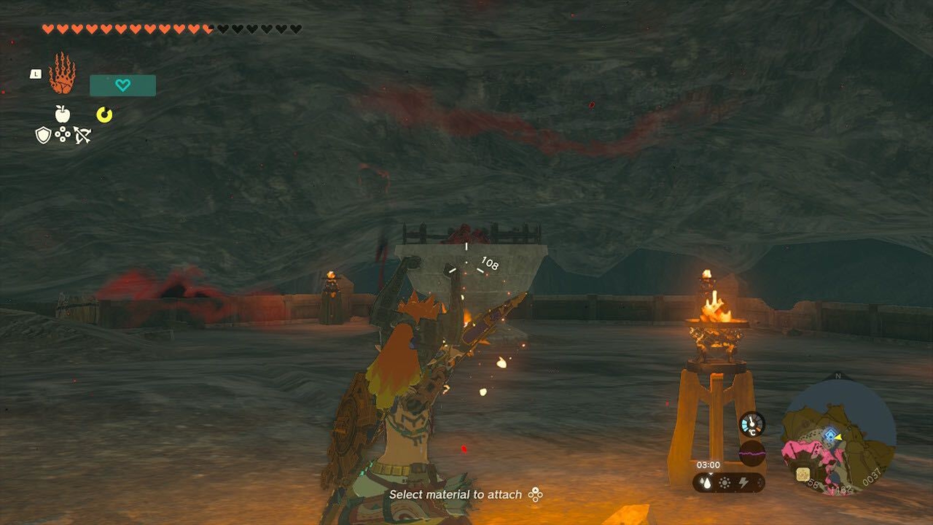 Link shooting a fire arrow at a brazier to get the Hylian Shield in Tears of the Kingdom.