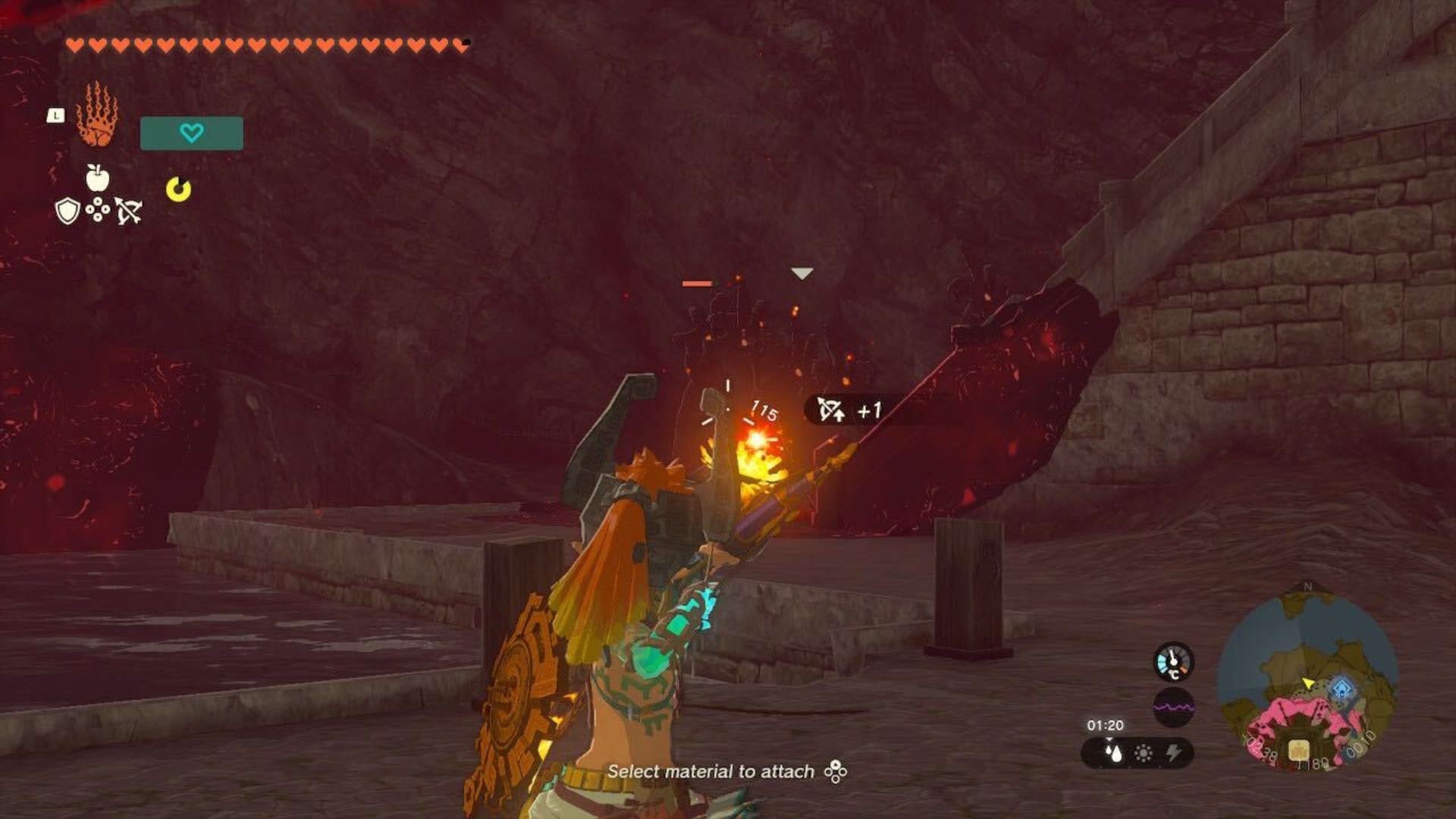 Link shooting Gloom Hands with a bomb flower in Tears of the Kingdom.