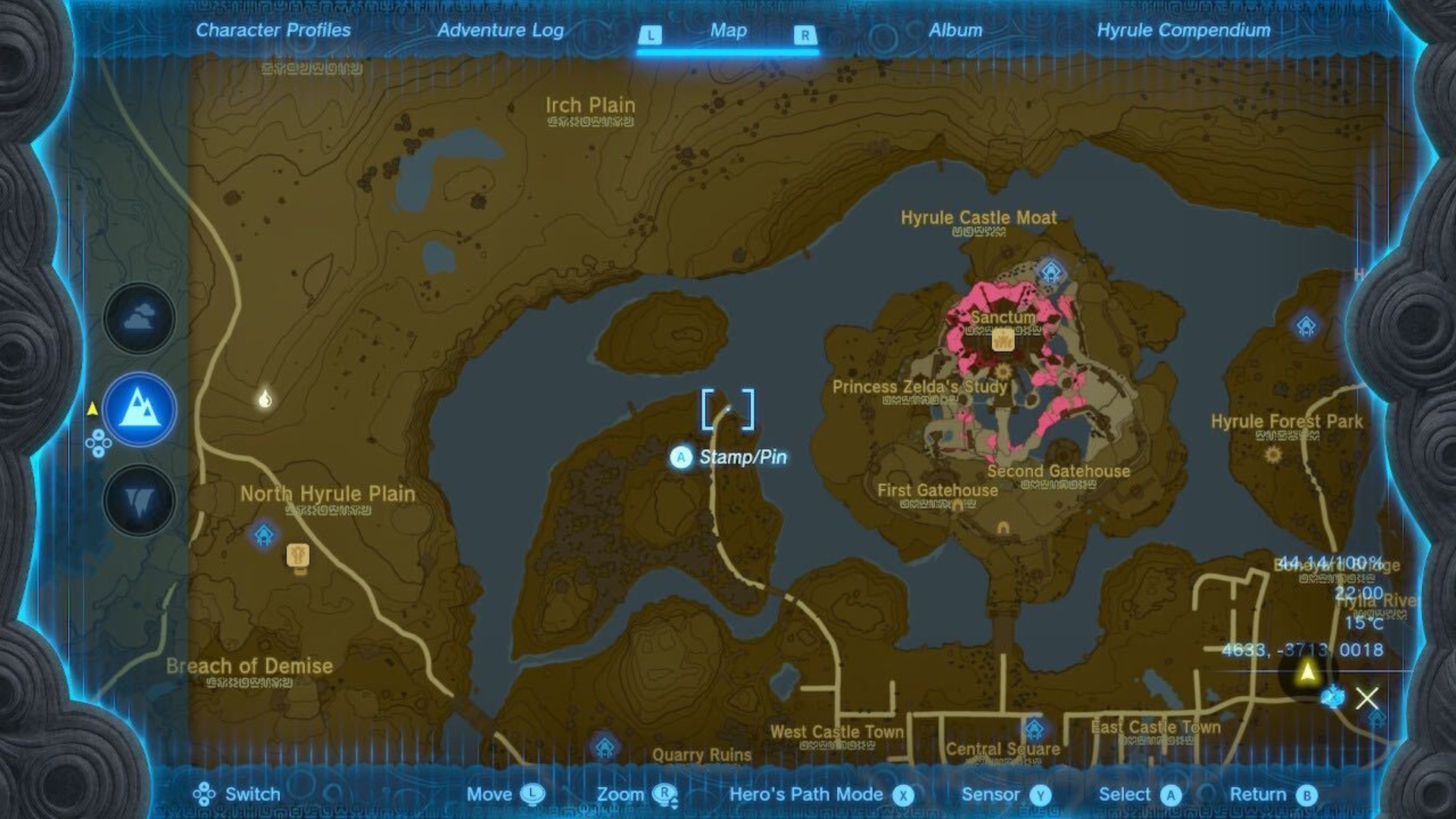The map location of the Hylian Shield in Tears of the Kingdom.