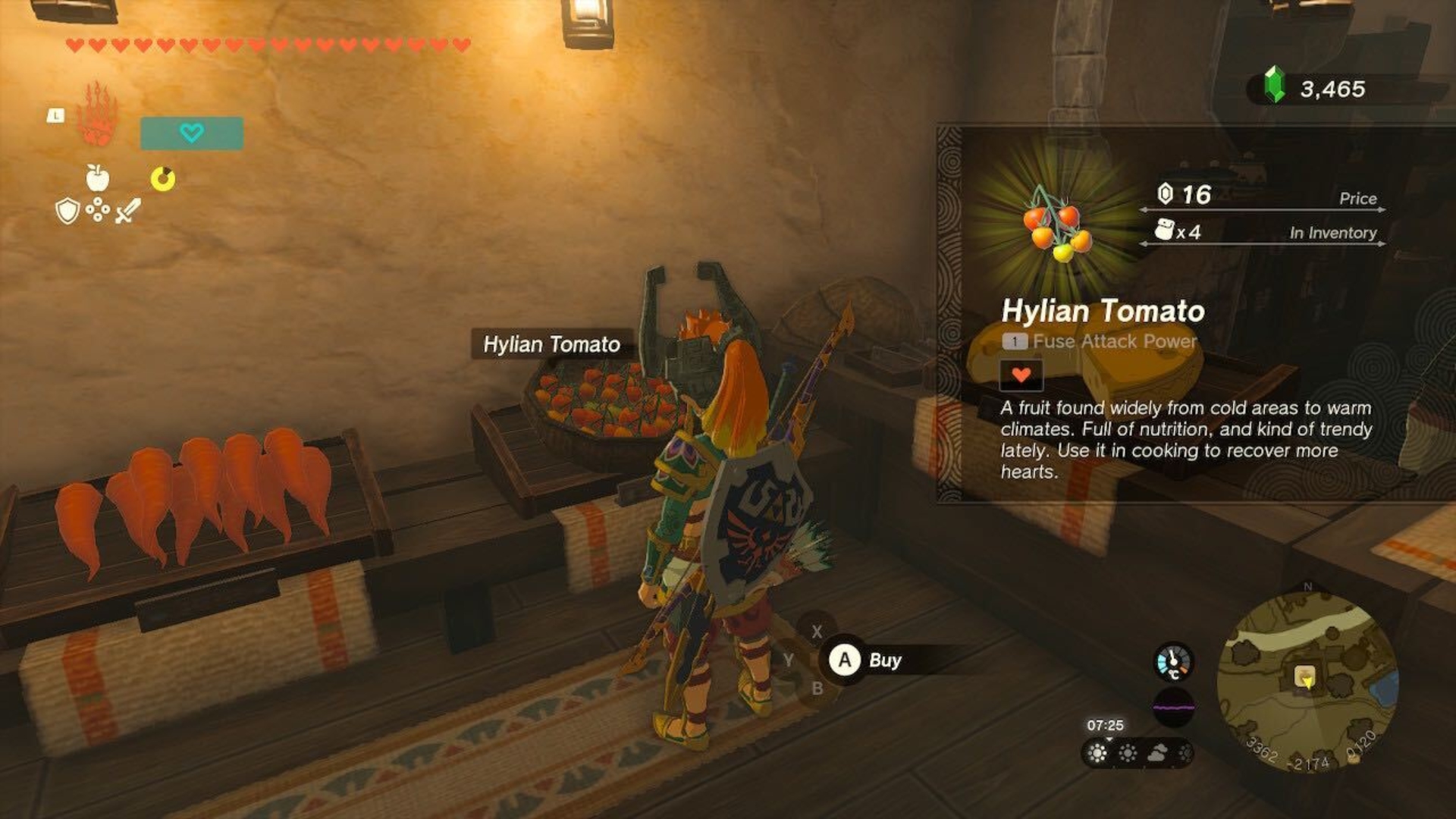 Link buying Hylian Tomatoes in Tears of the Kingdom.