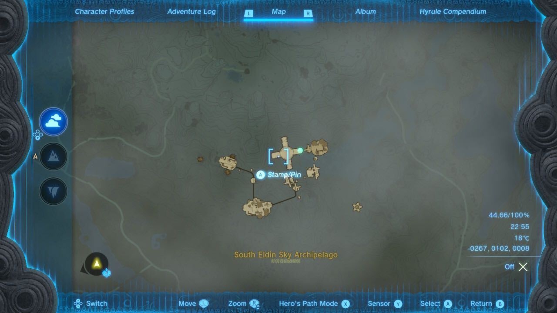 The location of the Kadaunar Shrine on the map in Zelda: Tears of the Kingdom.
