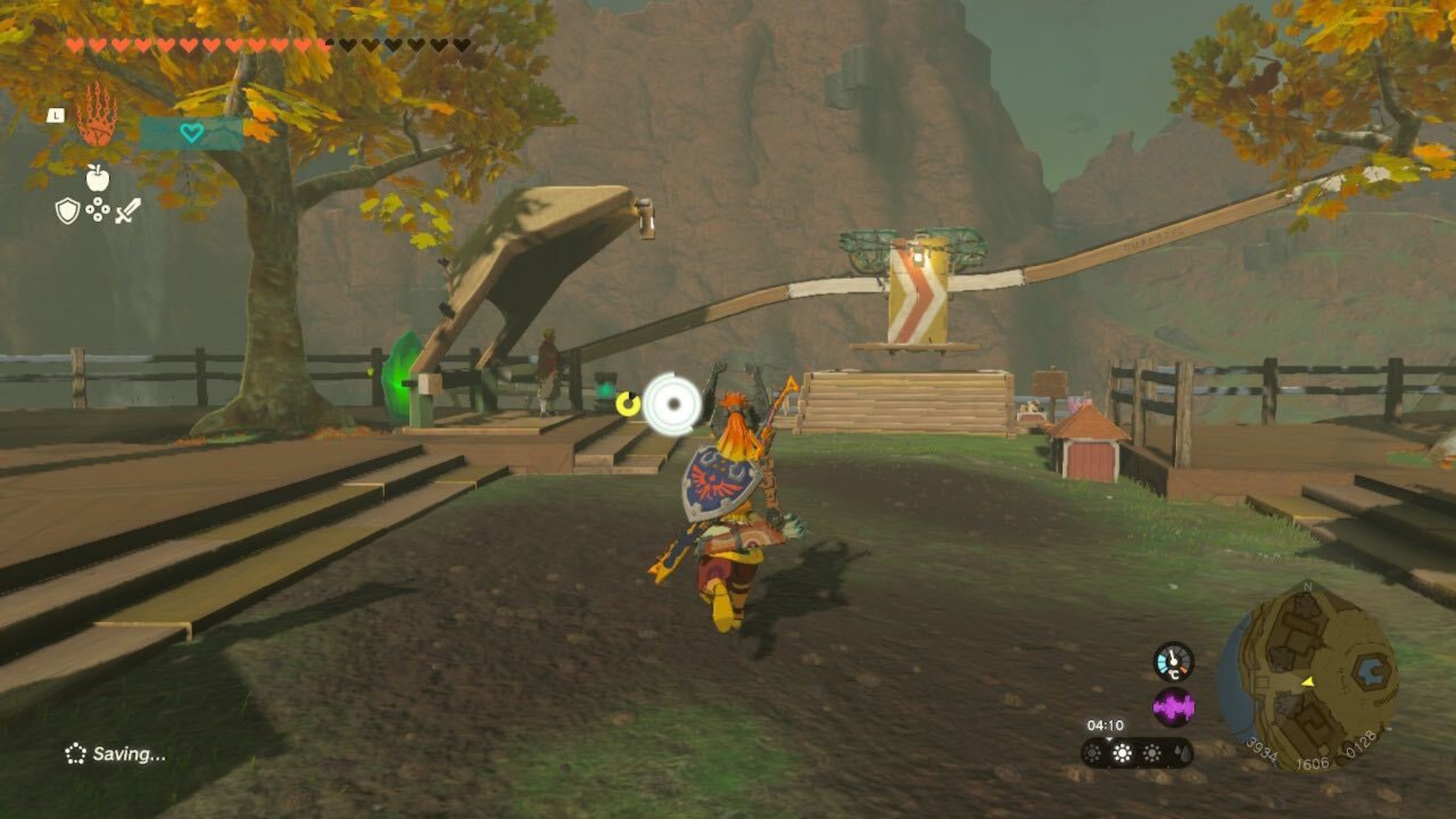 Link running towards the railcar section of Tarrey Town during the Mattison's Independce Tears of the Kingdom quest.