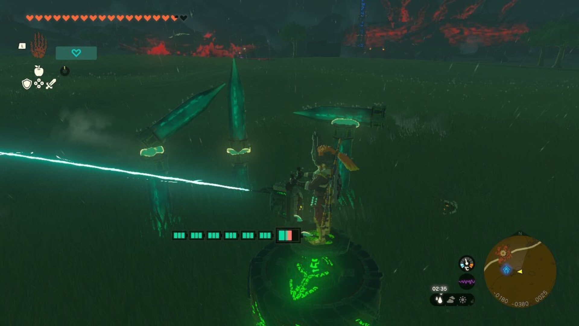 Link riding a wheel shooting lasers at stakes to make music in Tears of the Kingdom.
