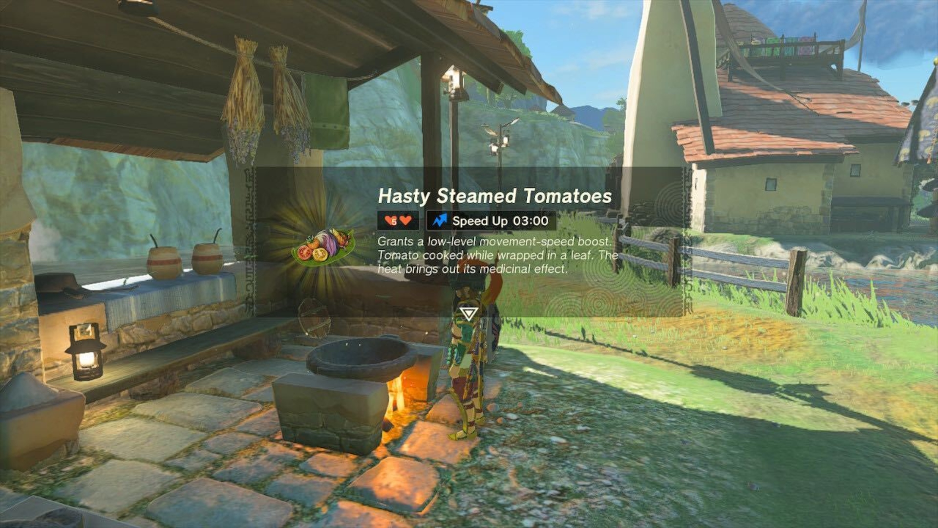 Link cooking Hasty Steamed Tomatoes in Tears of the Kingdom.