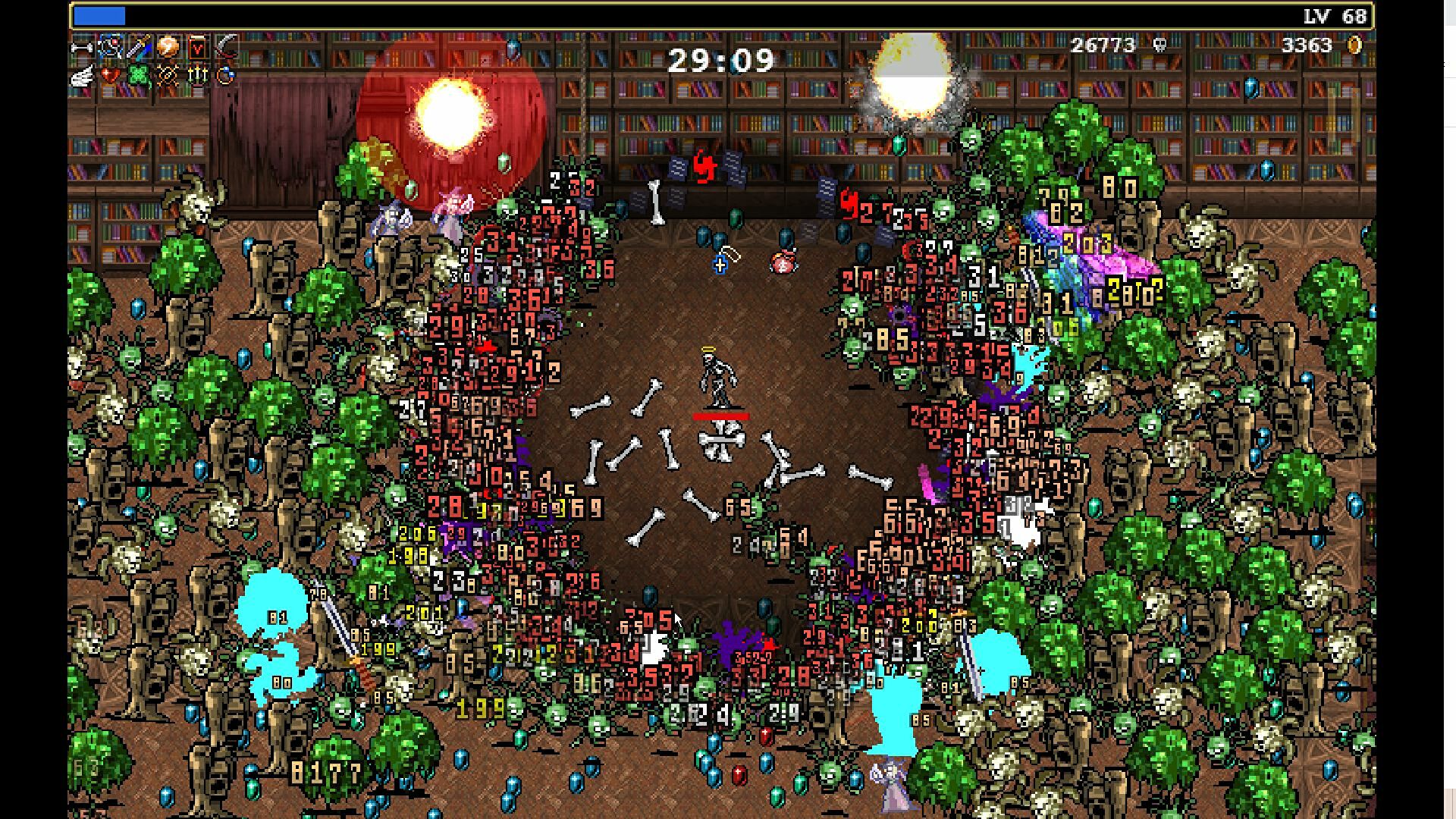 A horde of enemies in Vampire Survivors.