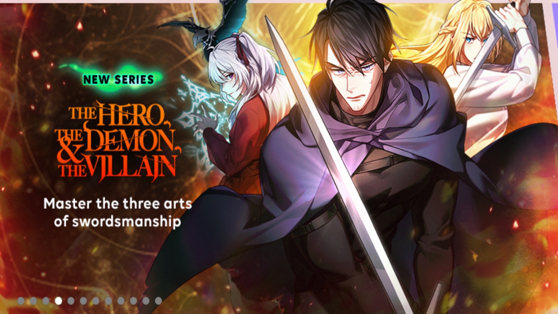 Promo art for a Webtoon story "The Hero, the Demon and the Villain".