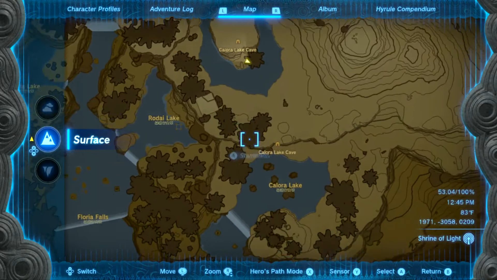 Calora Lake Cave on the map in Zelda: Tears of the Kingdom