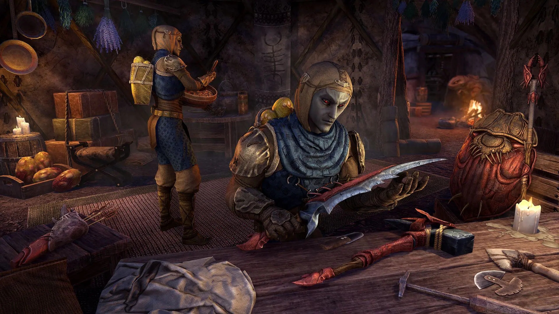 A character looking at a weapon during the ESO Zeal of Zenithar event.