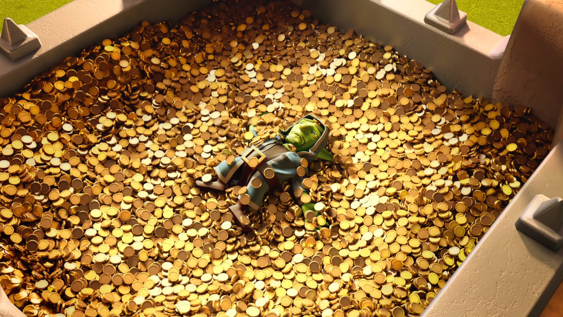 Goblin lying in gold in Clash of Clans